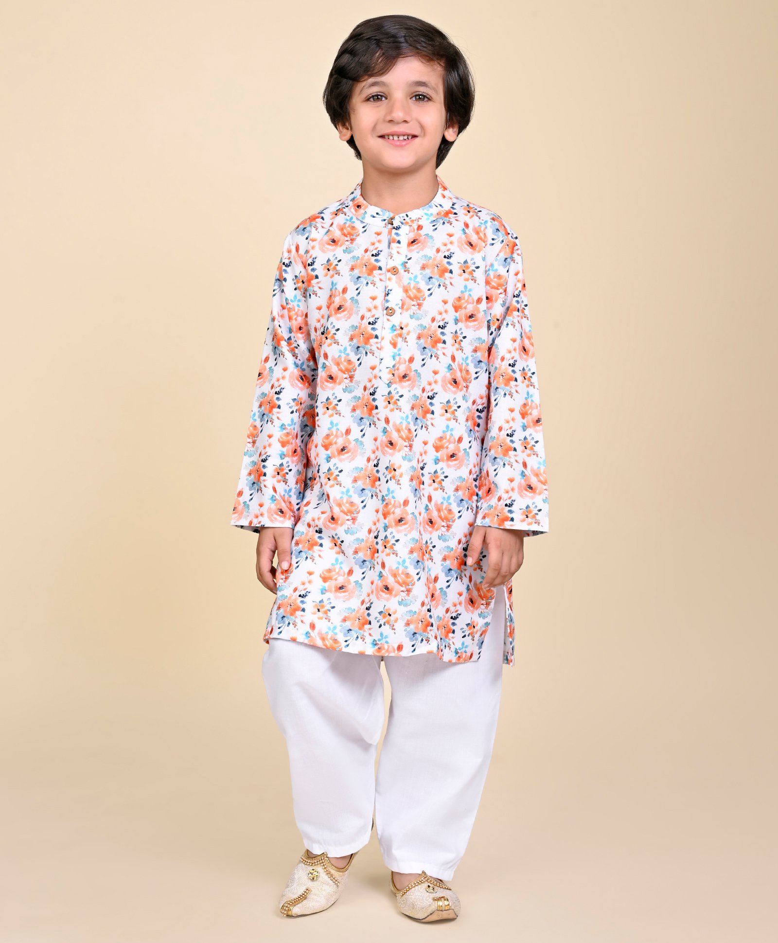 Babyhug Cambric Woven Full Sleeves Floral Printed Kurta With Pyjama Set - Orange & White-picture-10