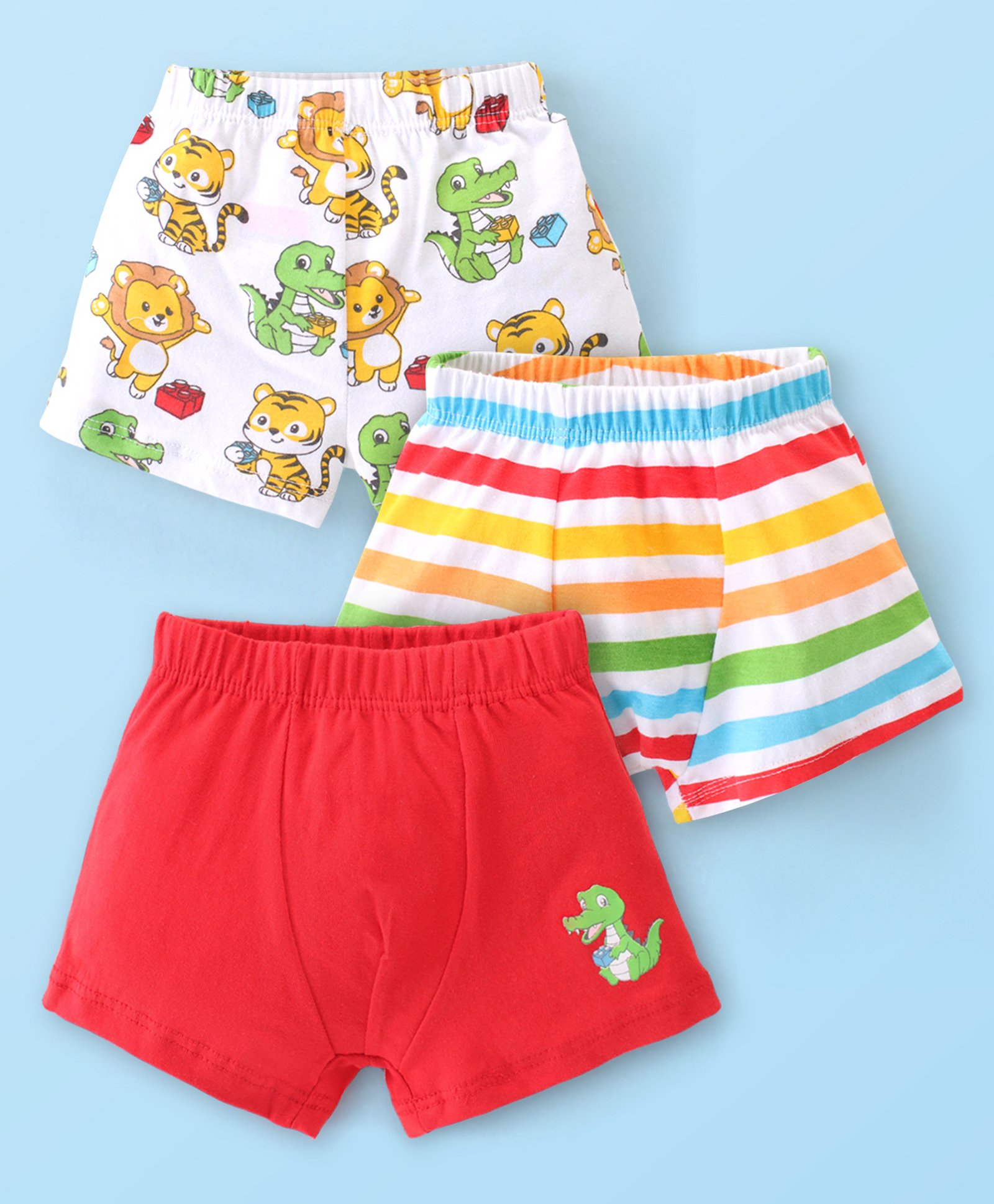 Babyhug 100% Cotton Knit Striped & Crocodile Printed Antibacterial Trunks Pack of 3 - Multicolour-image-40