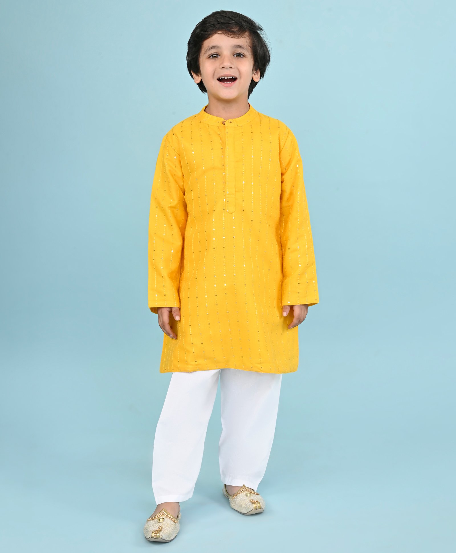 Babyhug Woven Full Sleeves Sequinned Embroidered Kurta With Pyjama Set - Yellow & White-image-1
