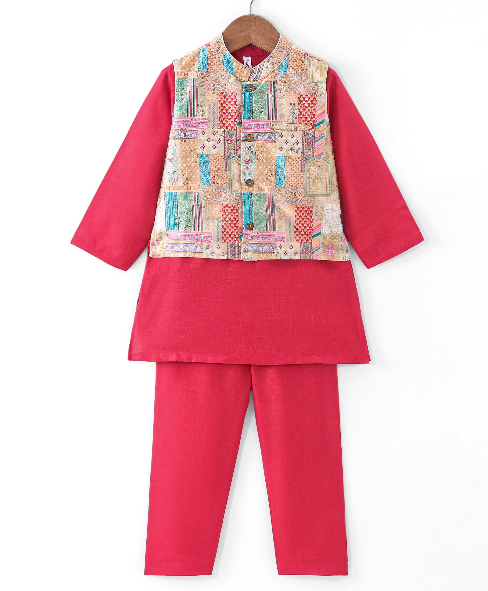 Babyhug Cotton Woven Full Sleeves Kurta & Pajama Set with Printed Jacket - Red-image-25