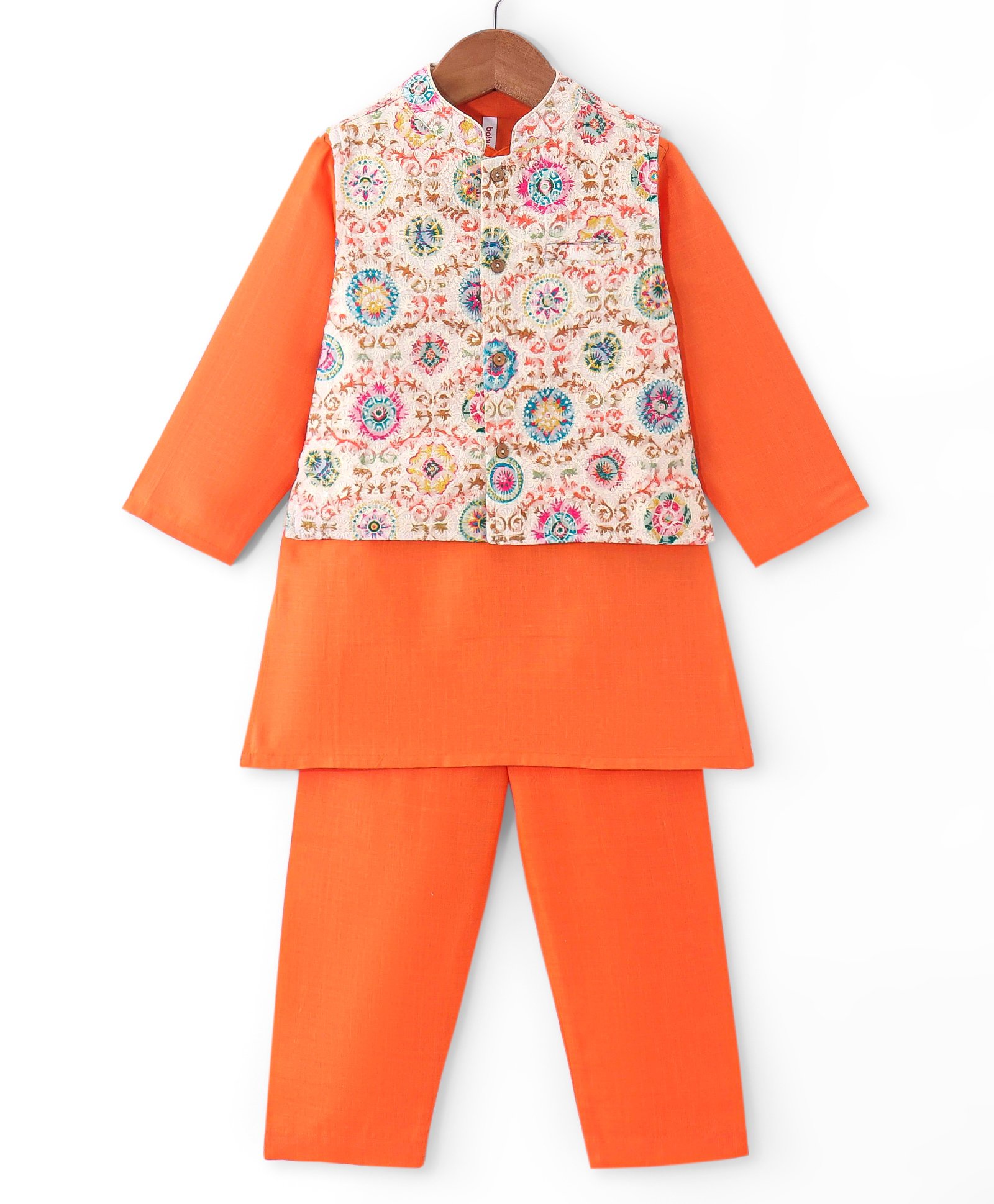 Babyhug Cotton Woven Full Sleeves Kurta & Pajama Set with Embroidered Jacket - Orange-image-36