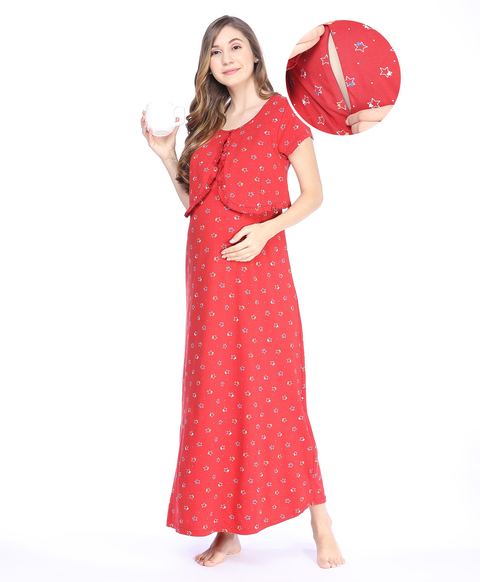 Bella Mama 100% Cotton Knit Half Sleeves Nighty with Concealed Zipper Star Print - Red-image-24