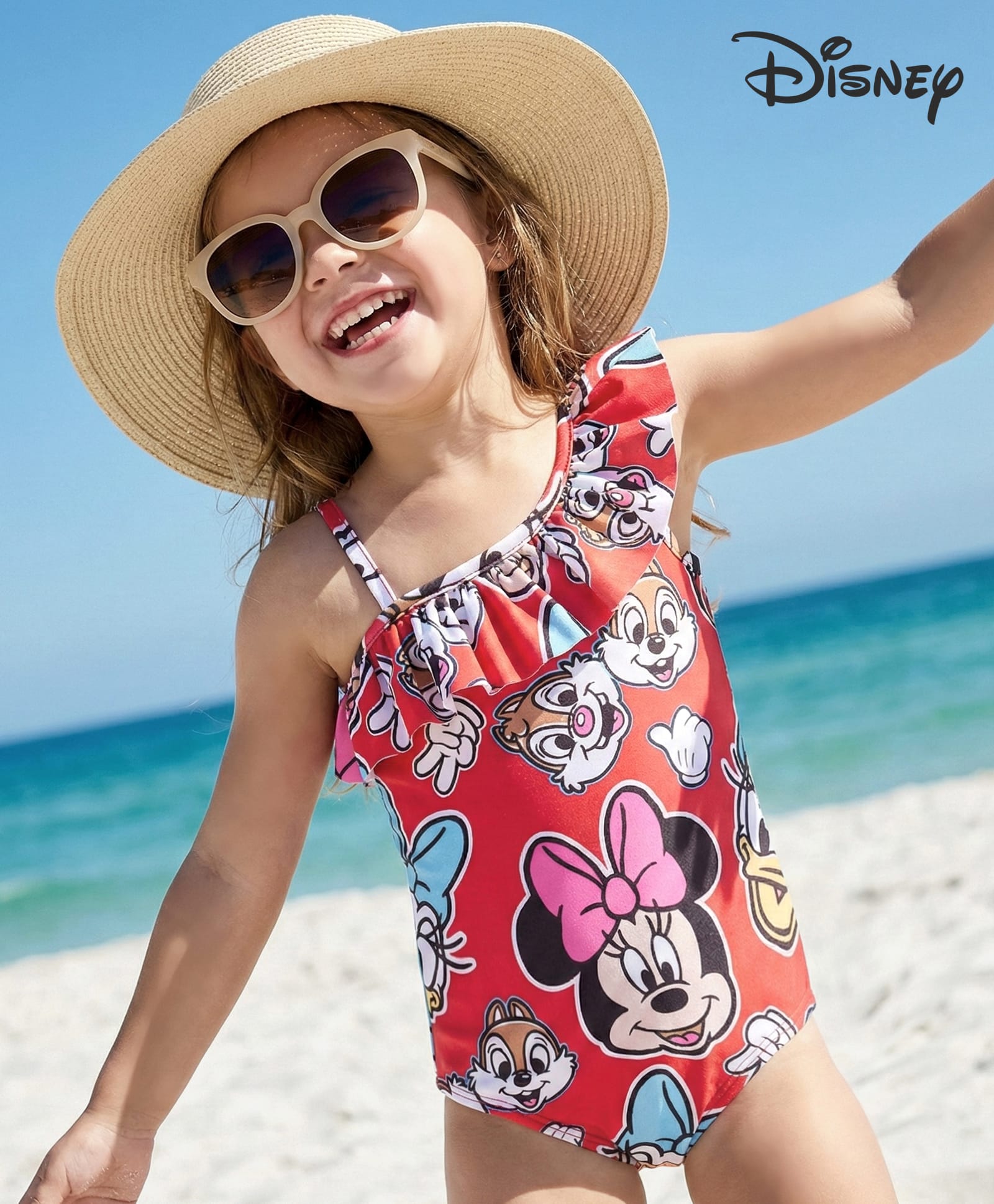 Babyhug Disney Sleeveless V Cut Swimsuit with Frill Detailing Minnie Mouse Print - Red-image-46
