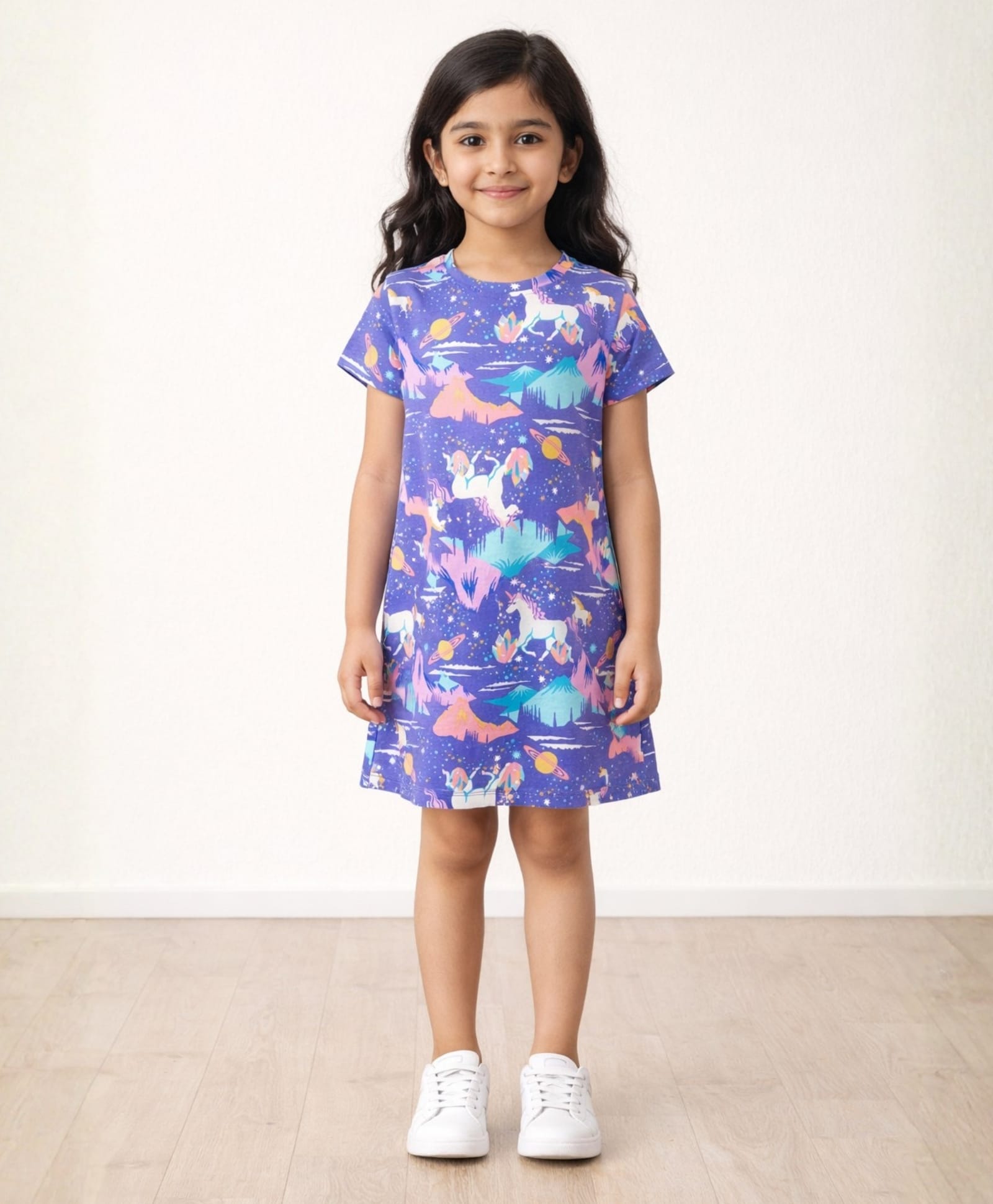 Anthrilo Cotton Knitted Half Sleeves Unicorns Printed Night Dress - Purple-image-2