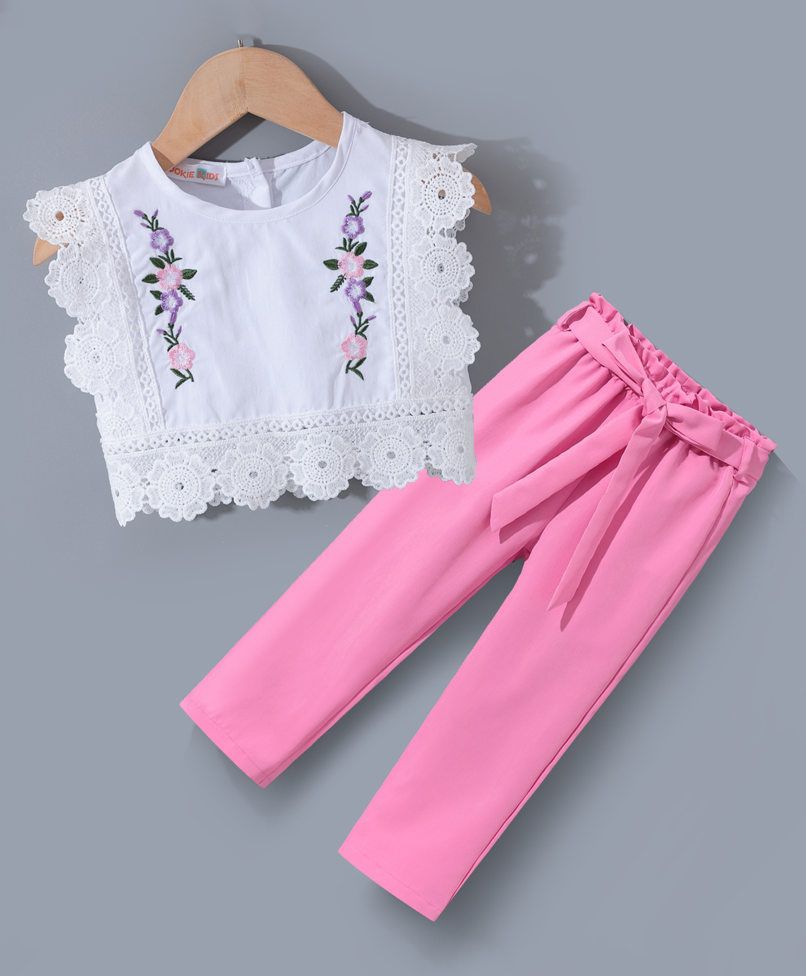 Kookie Kids Sleeveless Top & Leggings Set with Floral Embroidery - White & Pink-image-40