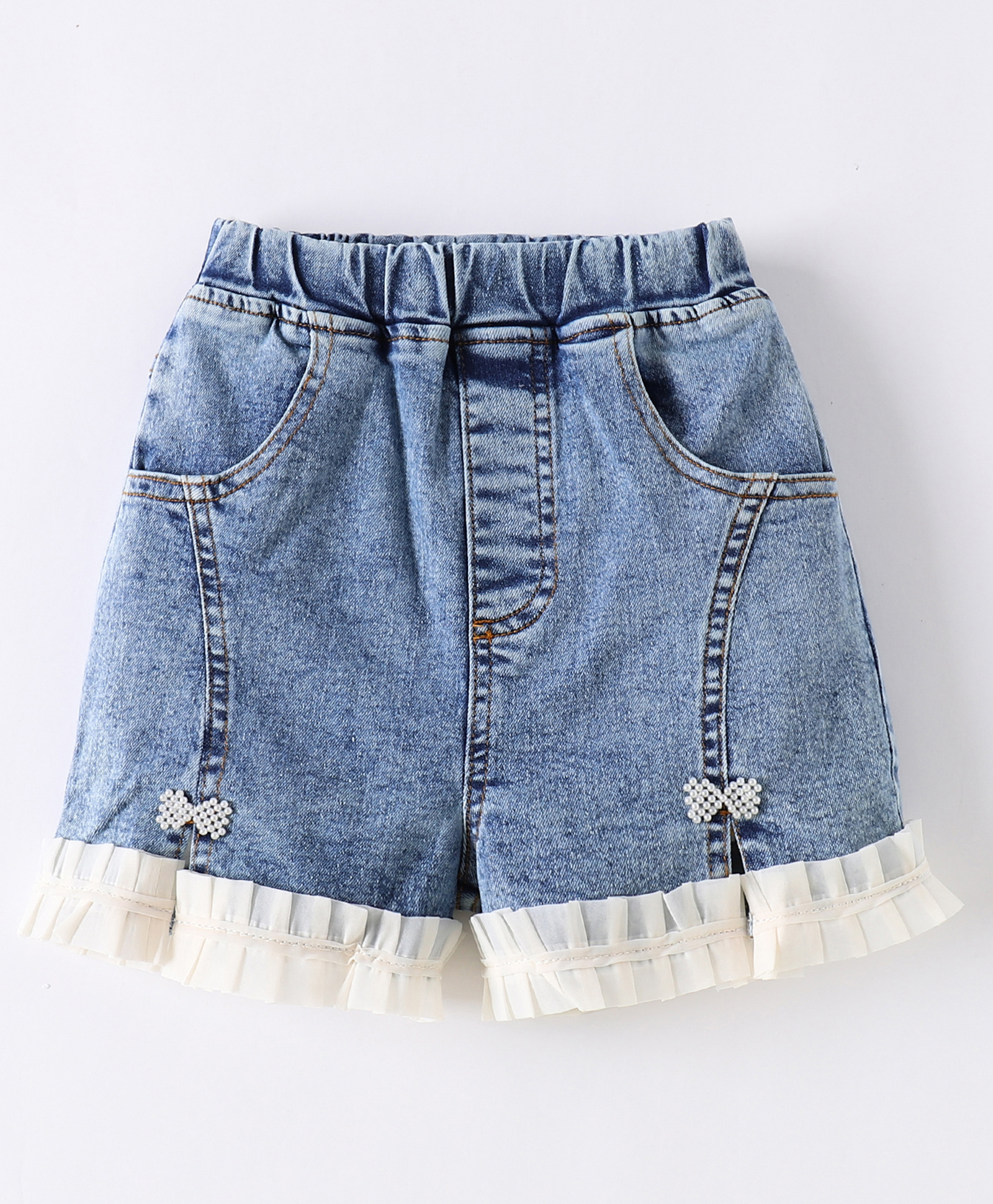 Kookie Kids Denim Solid Shorts with Frill Detailing - Blue-picture-16
