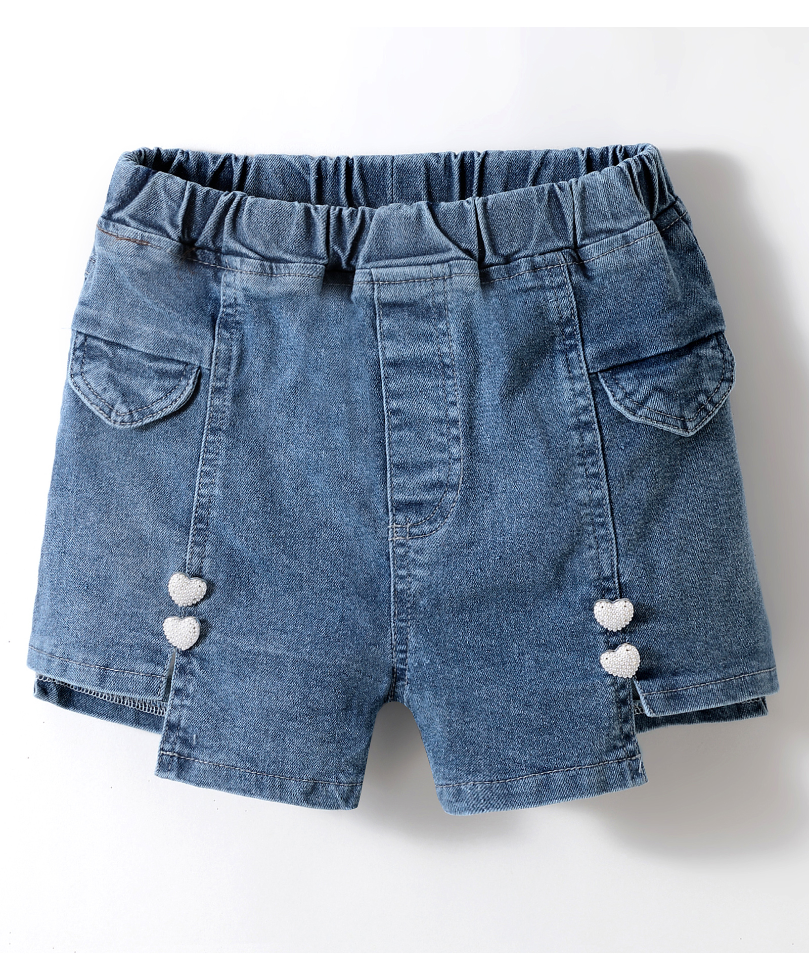 Kookie Kids Washed Denim Shorts with Heart Applique - Blue-picture-27