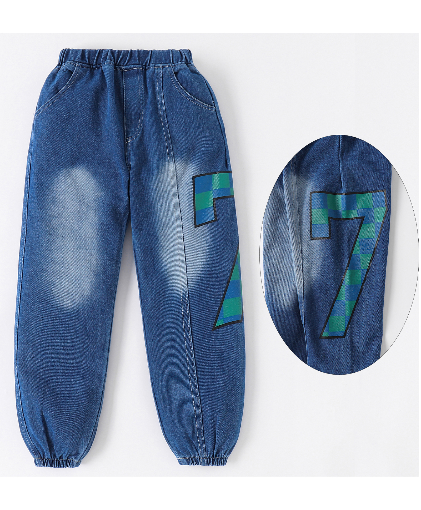 Kookie Kids Full Length Numeric Printed with Cut & Sew Detailing Denim Jeans - Blue-image-28