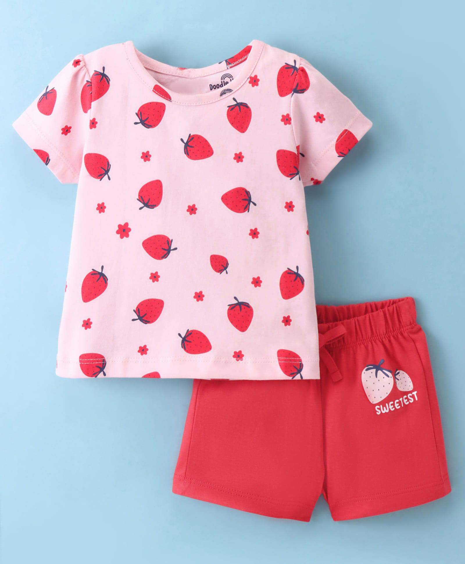 Doodle Poodle 100% Cotton Half Sleeves Strawberry Printed Night Suit  Rose Pink & Red-image-22