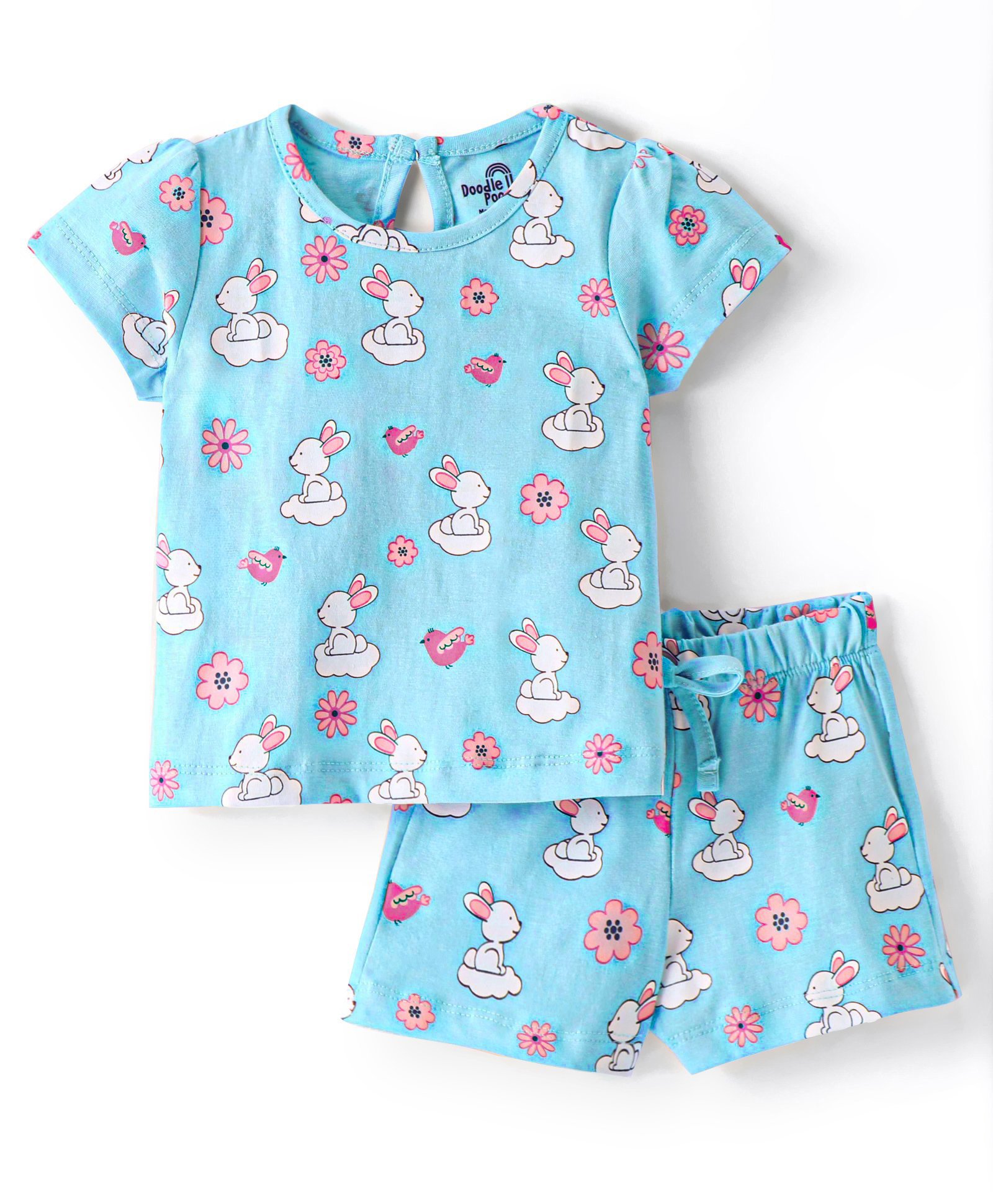 Doodle Poodle 100% Cotton Knit Half Sleeves Night Suit Floral Print - Blue-image-45