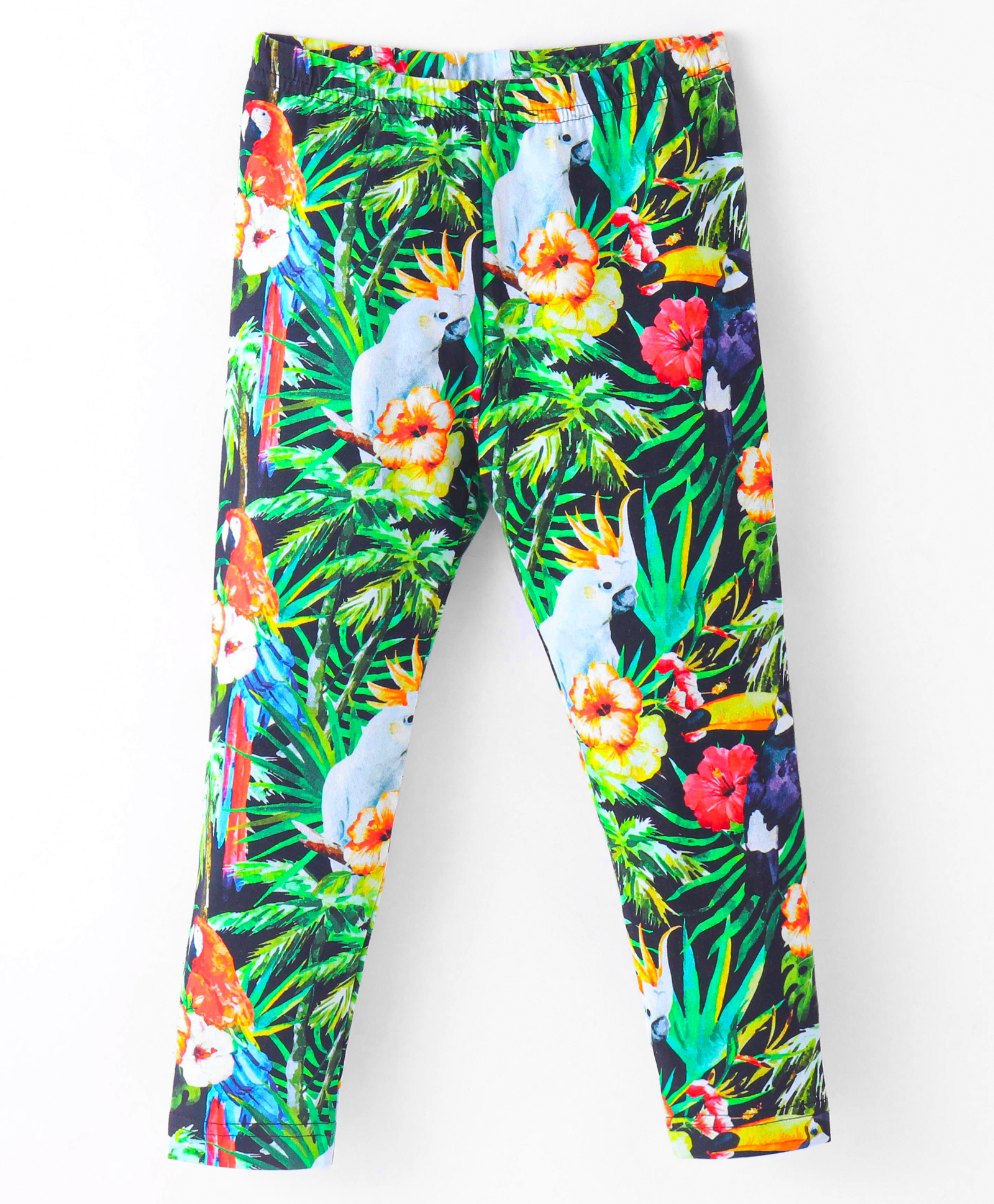 Ollypop Cotton Lycra Full Length Leggings with Parrot & Floral Print - Green-image-11