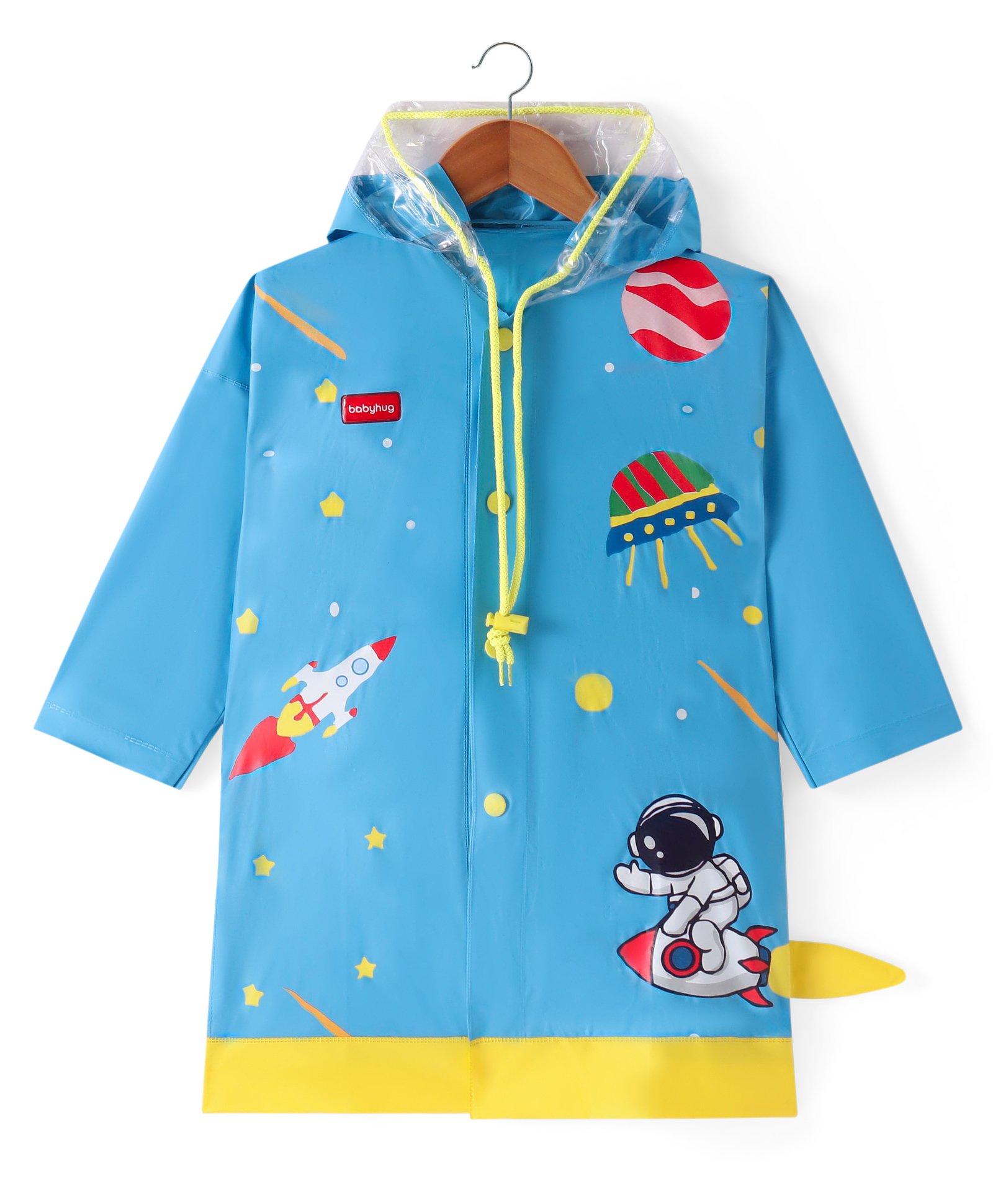 Babyhug Full Sleeves Below Knee Length Raincoat Astronaut Print - Blue