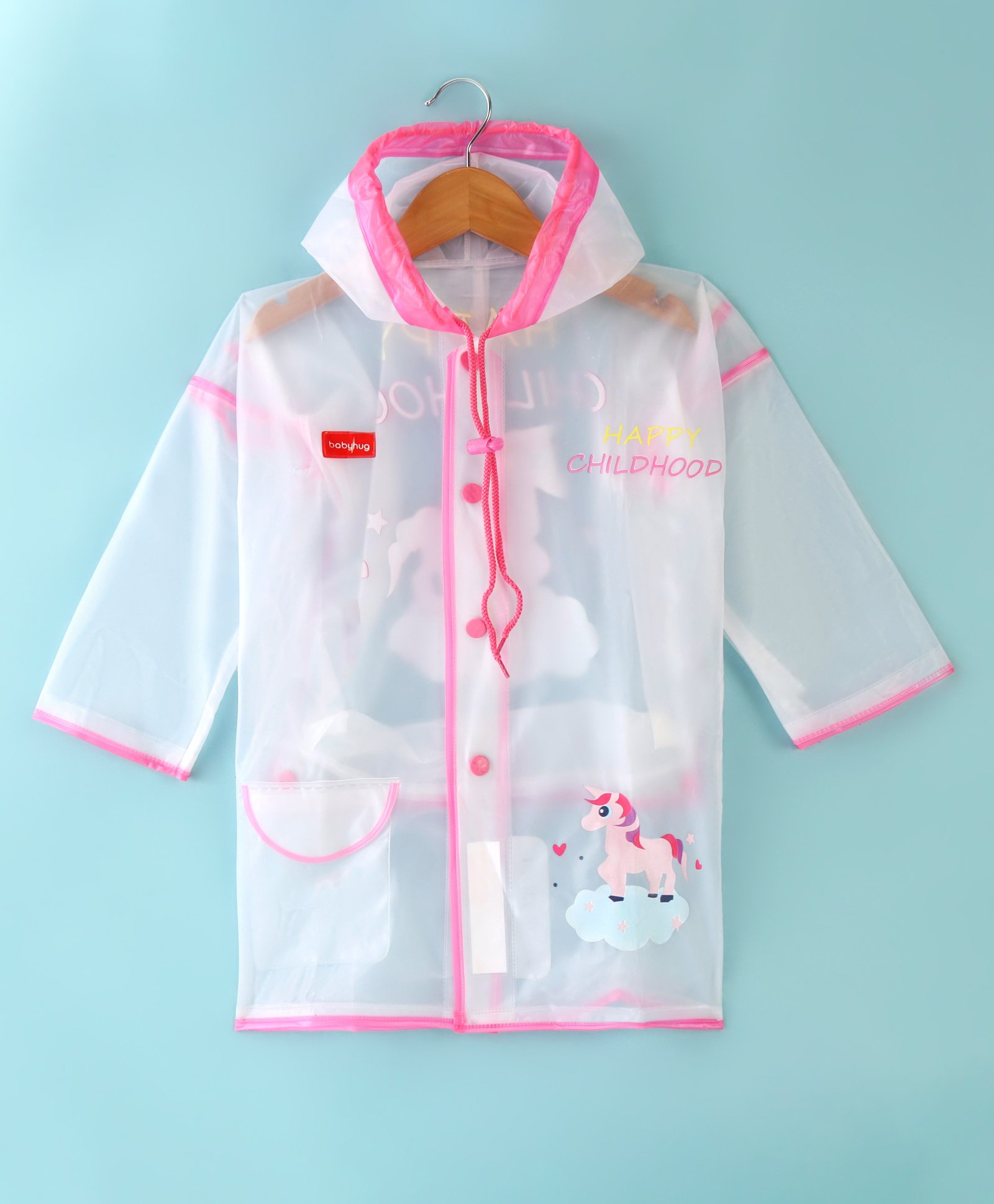 Babyhug Full Sleeves Below Knee Length Pony Box Kids Hooded Raincoat - White & Pink