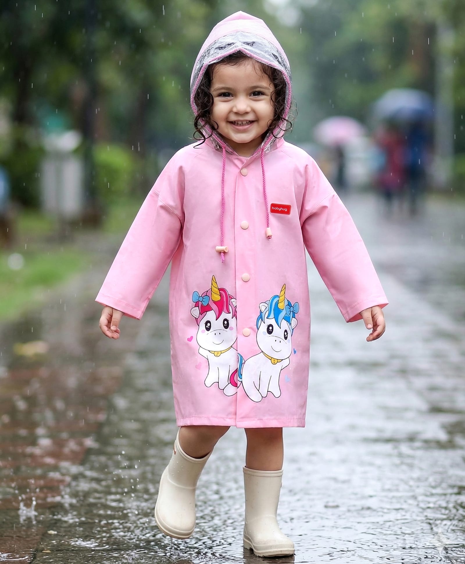 Babyhug Full Sleeves Below Knee Length Hooded Raincoat Unicorn Print - Purple-image-48