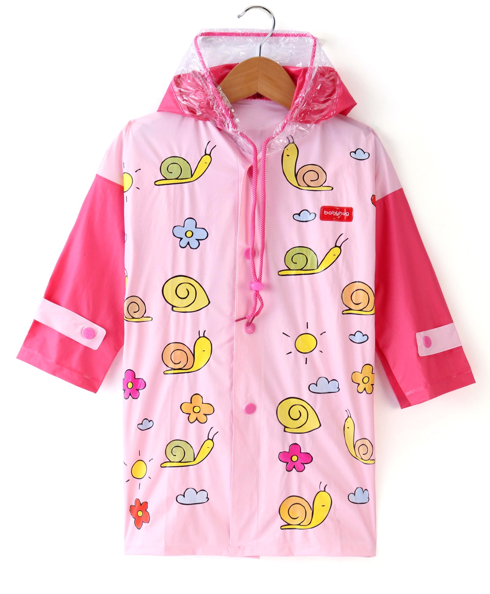 Babyhug Full Sleeves Below Knee Length Hooded Raincoat Snail Print - Pink