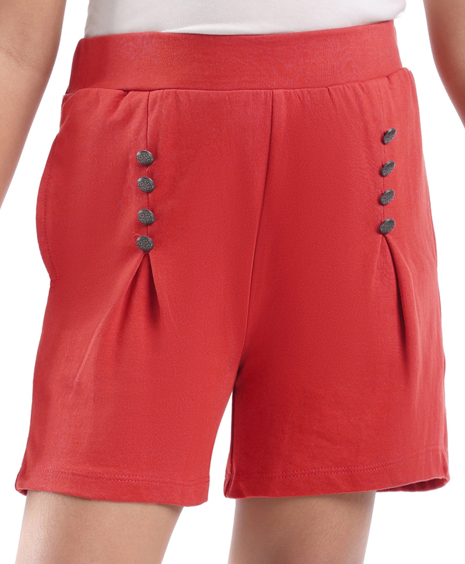 Honeyhap Premium 100% Cotton Looper Knit Above Knee Length Shorts with Bio Finish & Buttons Embellishment - Red-picture-20