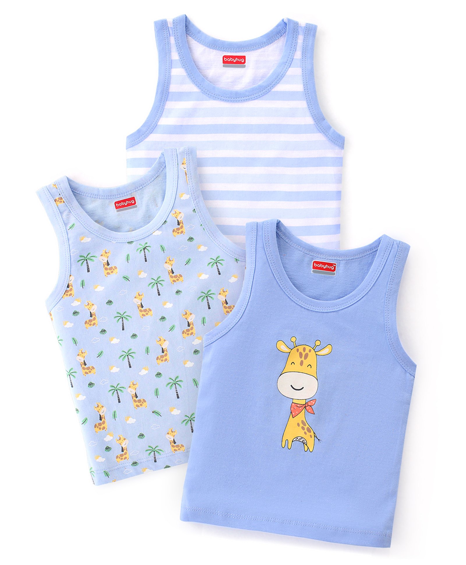 Babyhug 100% Cotton Single Jersey Knit Sleeveless Sando Stripes & Giraffe Print Pack Of 3 - Multicolor-image-17