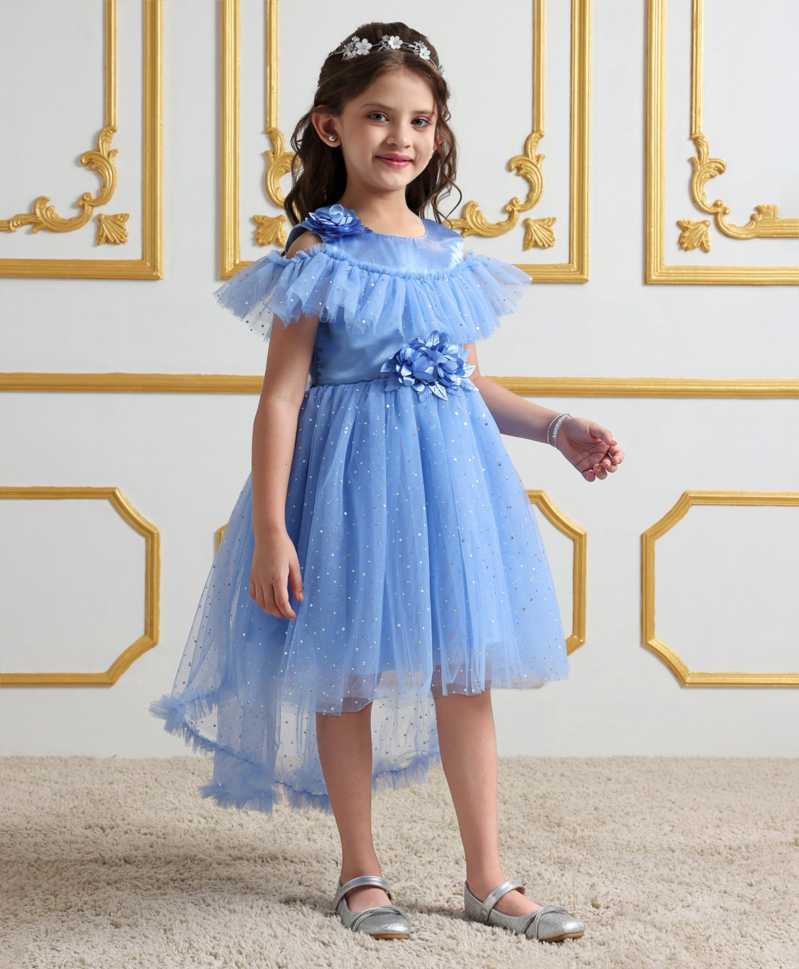 Mark & Mia Cold Shoulder Sleeves   Party  Frock with Floral Applique - Blue