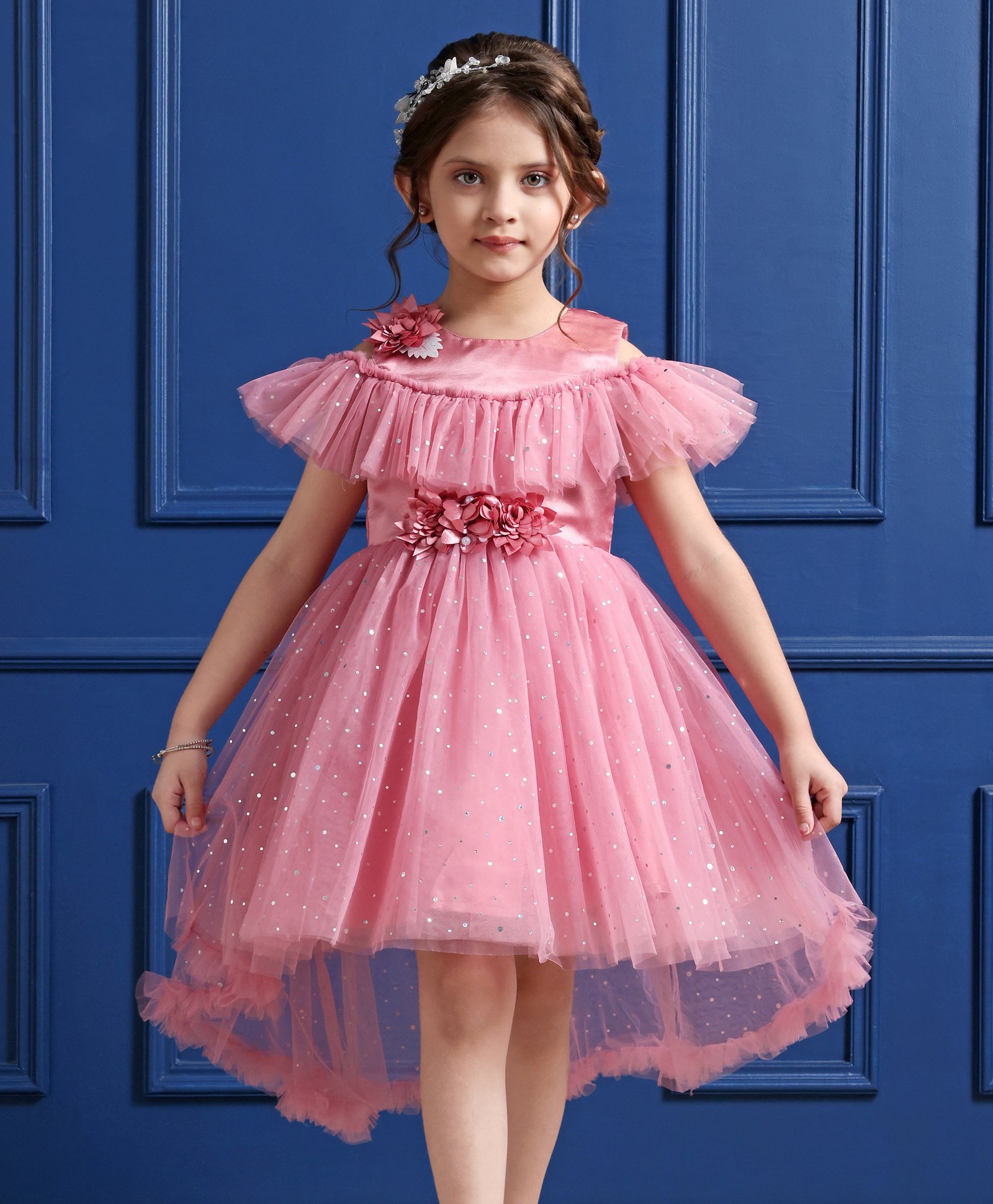 Mark & Mia Cold Shoulder Sleeves   Party  Frock with Floral Applique - Lotus Pink-image-44