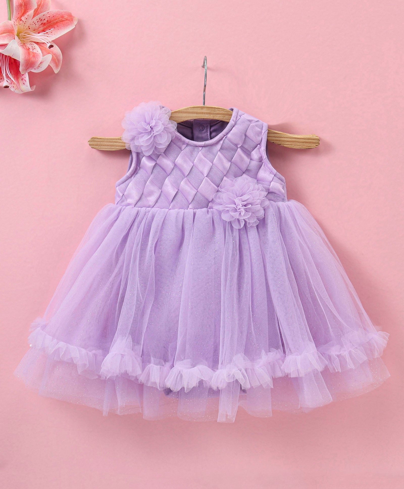 Mark & Mia Sleeveless Frock Style Party Onesie with Floral Corsage - Lavender-image-22