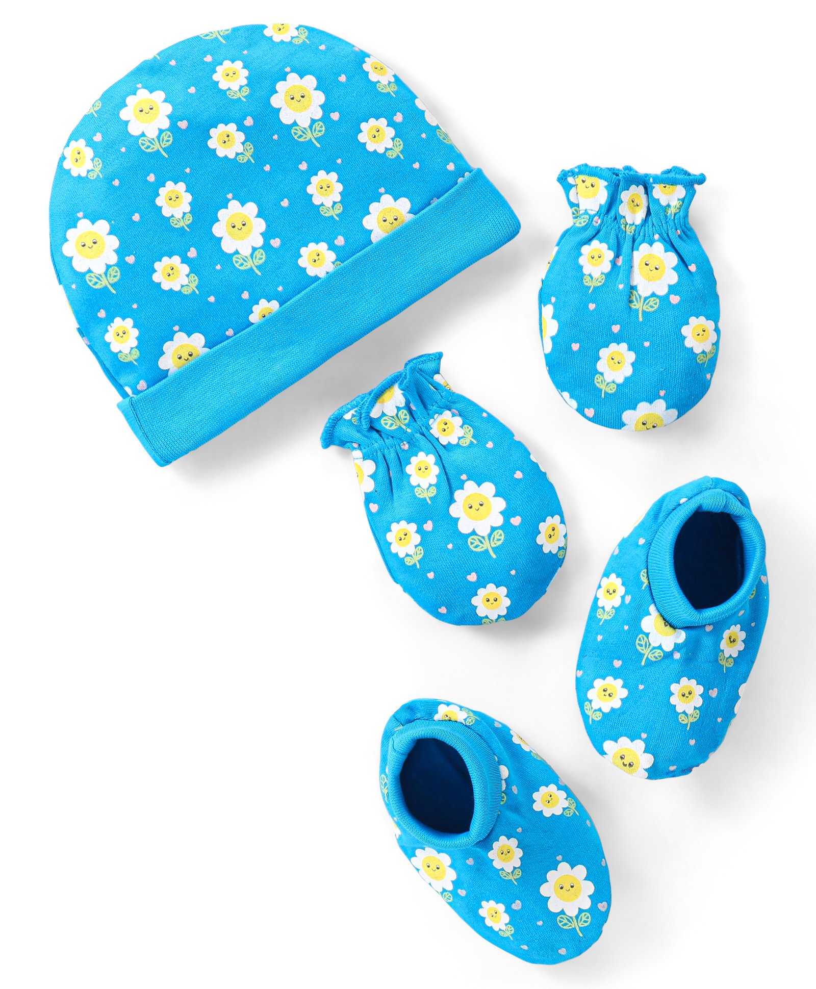 Babyhug 100% Cotton Cap Mittens & Booties Set Floral Print - Blue-image-22