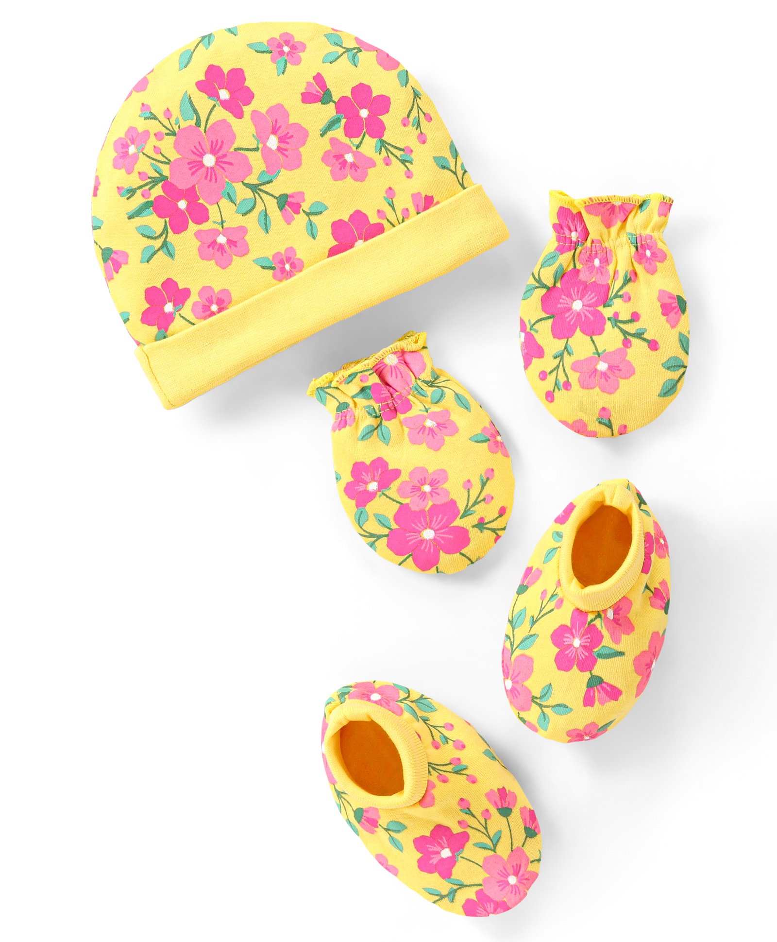 Babyhug 100% Cotton Cap Mittens & Booties Set Floral Print - Yellow-image-31