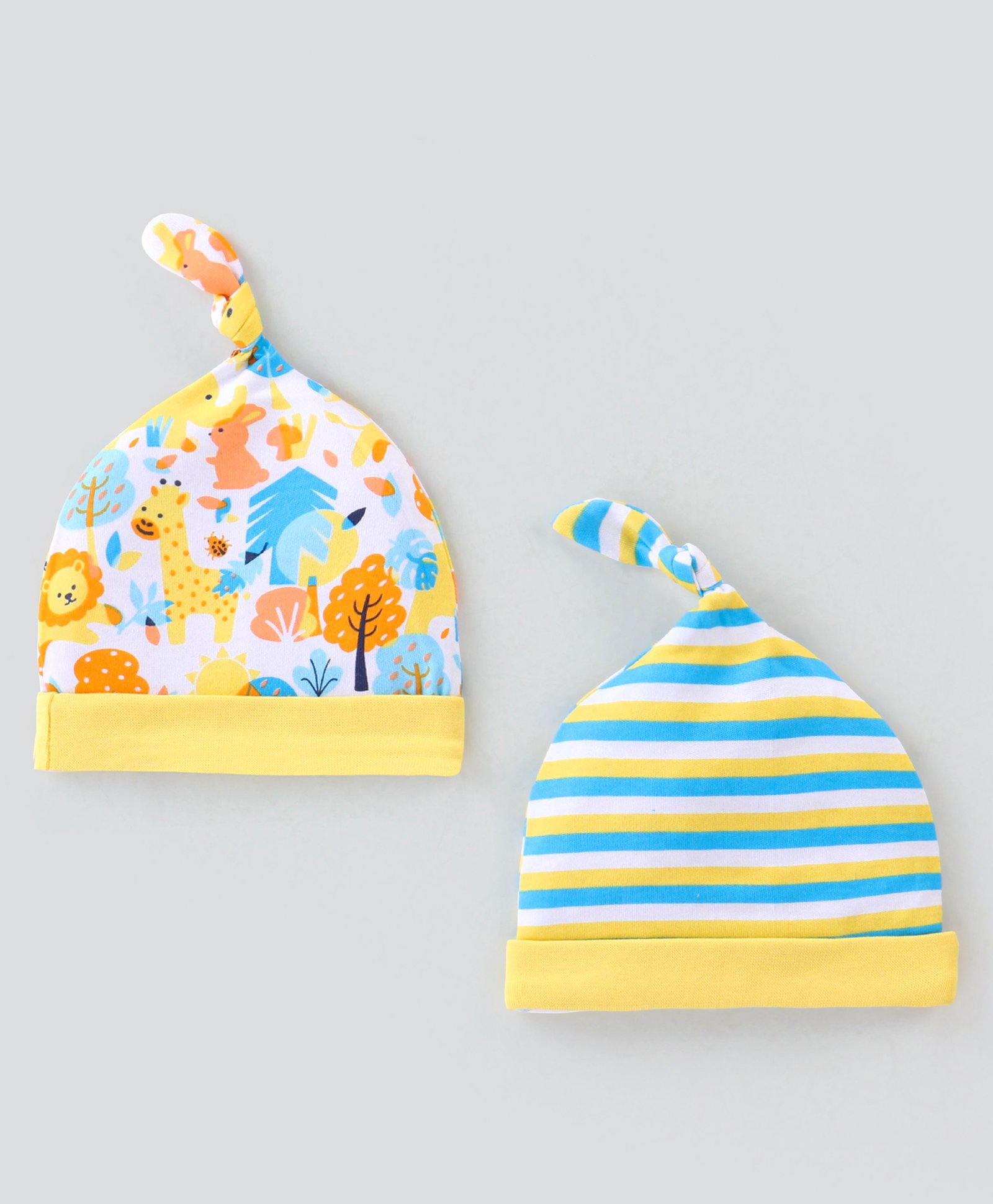 Babyhug 100% Cotton Knit Cap Animal Print Pack of 2 - Blue & Yellow-image-36
