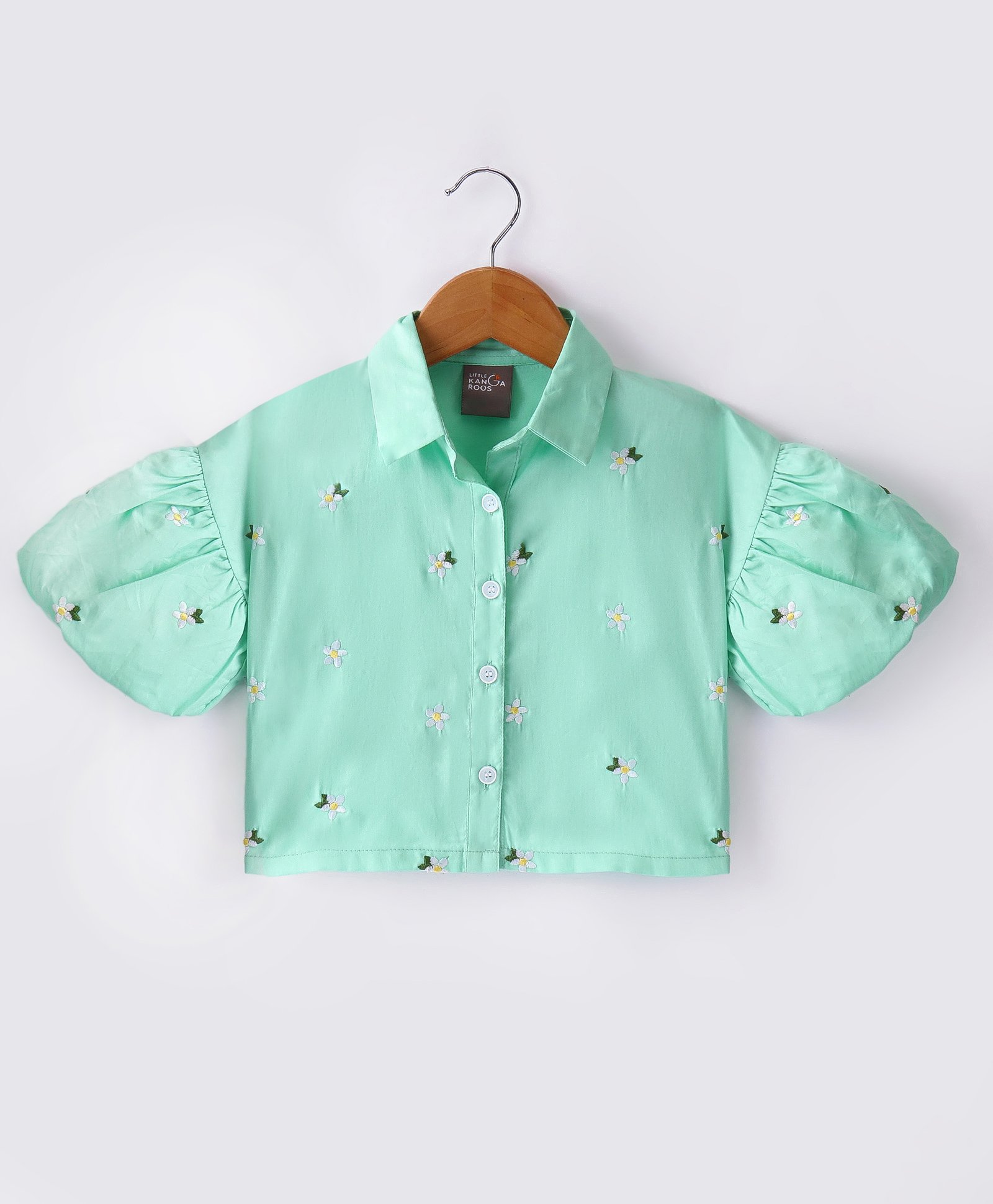 Little Kangaroos Half Sleeves Shirt Styled Top with Flower Embroidery - Pista Green-image-24