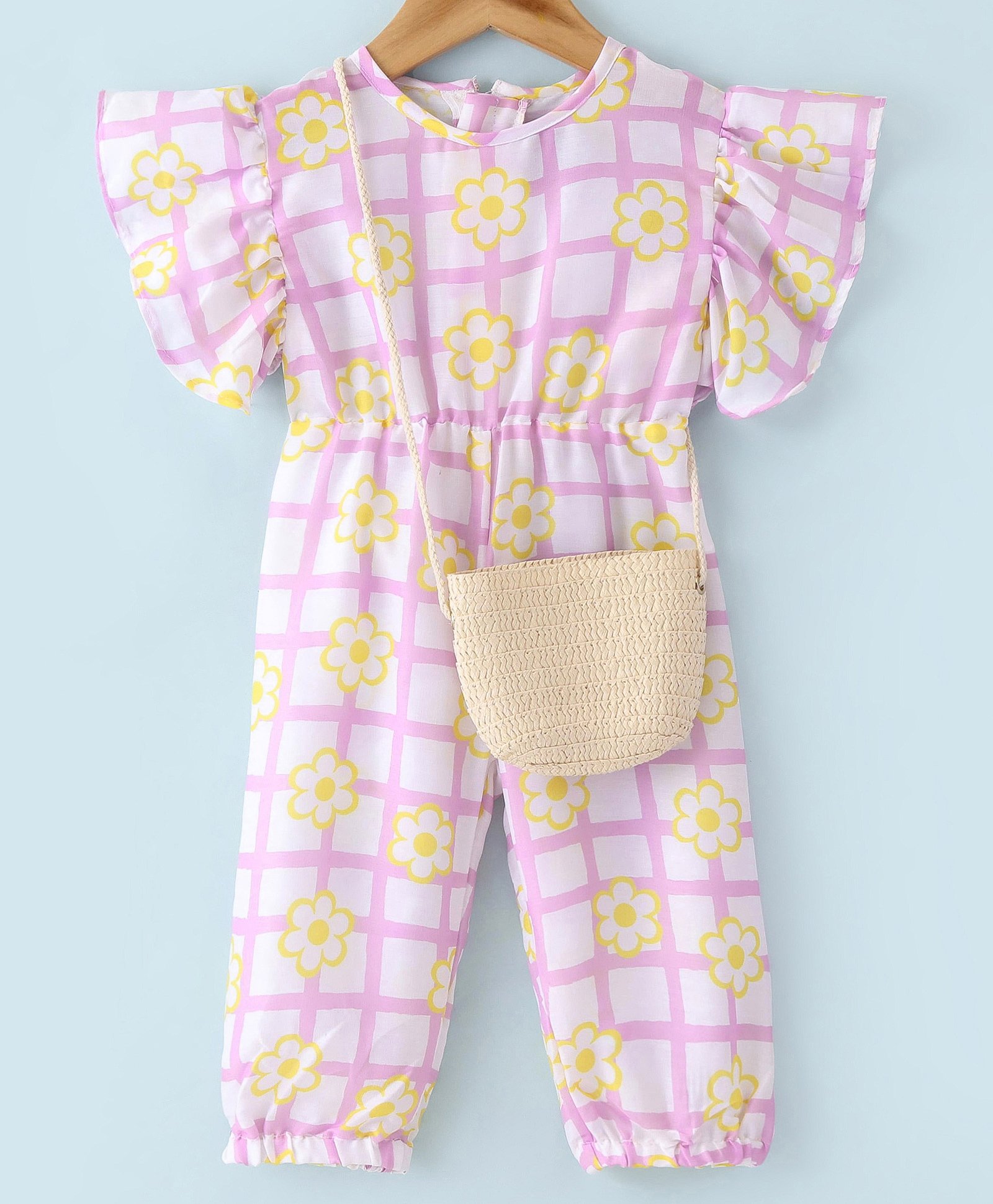 Little Kangaroos Woven Half Sleeves Checkered Jumpsuit With Sling Bag - Purple-picture-11