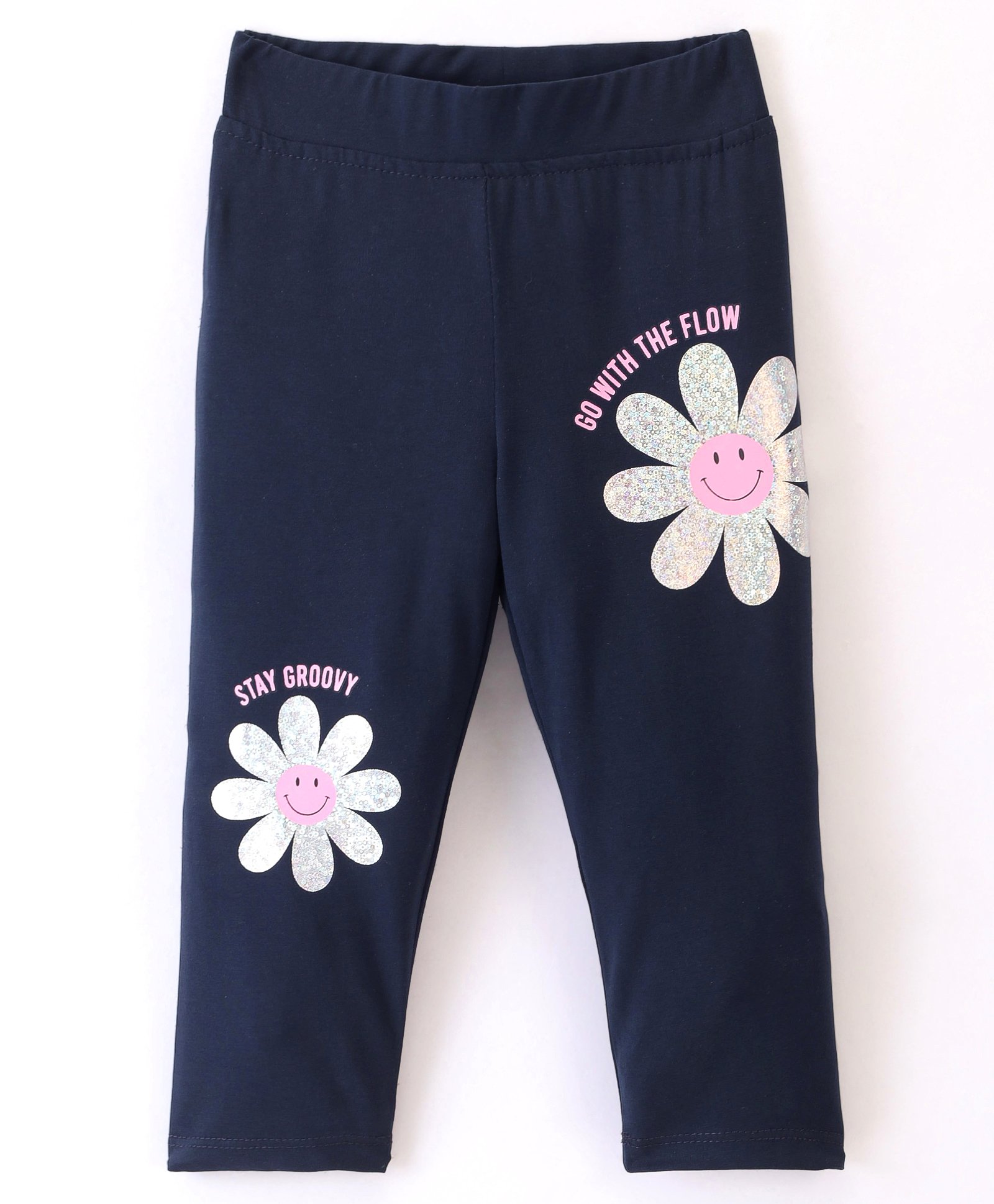 Little Kangaroos Lycra Woven Full Length Leggings With Floral Foil Print - Navy Blue-image-43