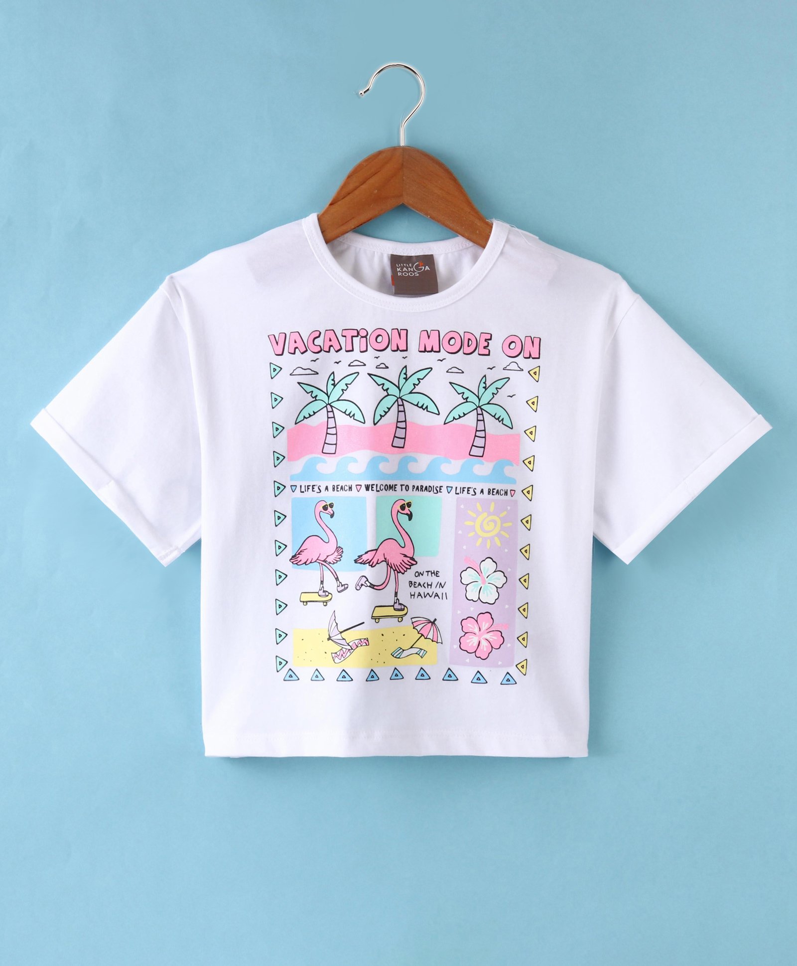 Little Kangaroos Cotton Woven Half Sleeves T-Shirt With  Beach Theme - White-picture-28