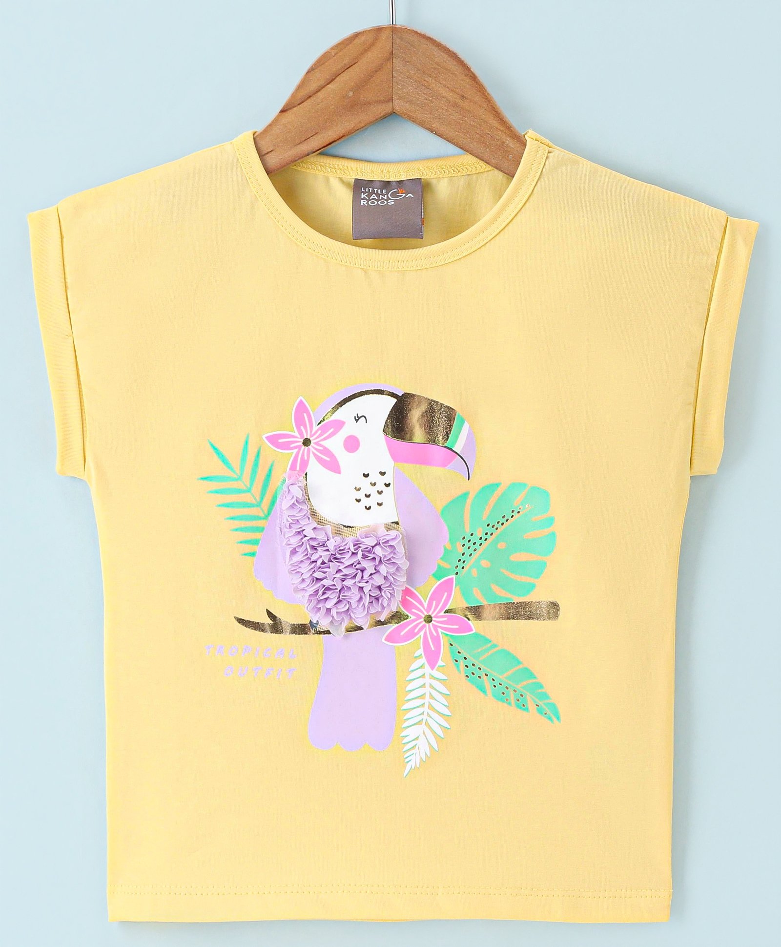 Little Kangaroos  Cotton Knit Sleeveless T-Shirt with Toucan Print & Applique - Yellow-image-39