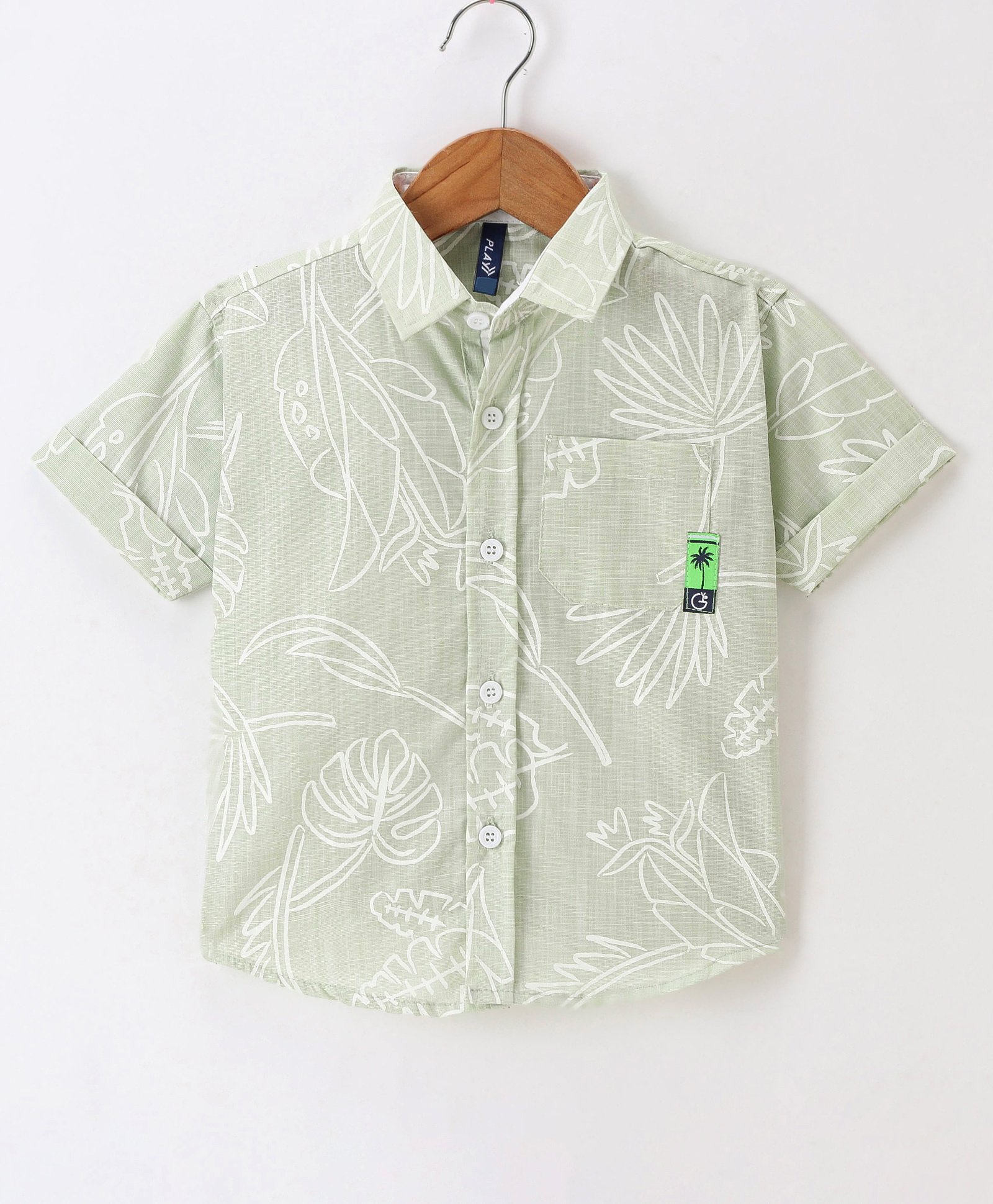 Little Kangaroos Cotton Woven Half Sleeves Shirt With Leaf Print - Pista-picture-26