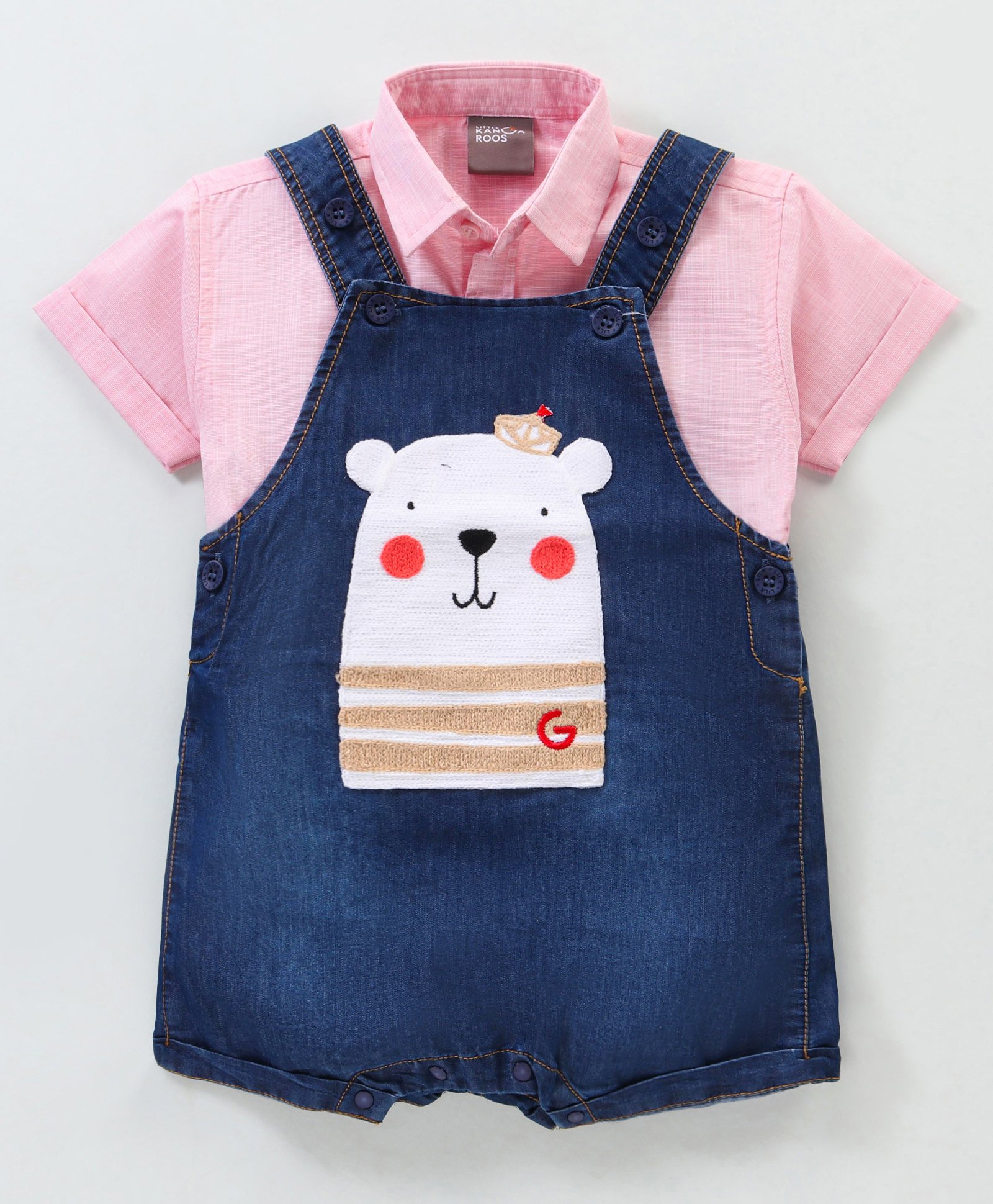 Little Kangaroos Cotton Knit Dungaree with Half Sleeves Shirt & Teddy Applique - Dark Blue-image-25