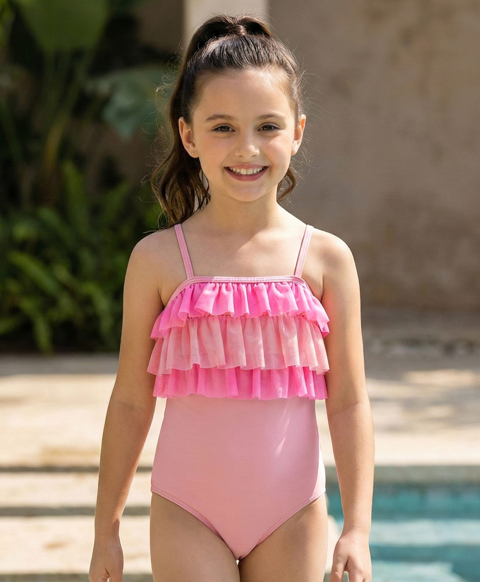Pine Kids Sleeveless V Cut Swimsuit with Frill Detailing - Pink-image-48