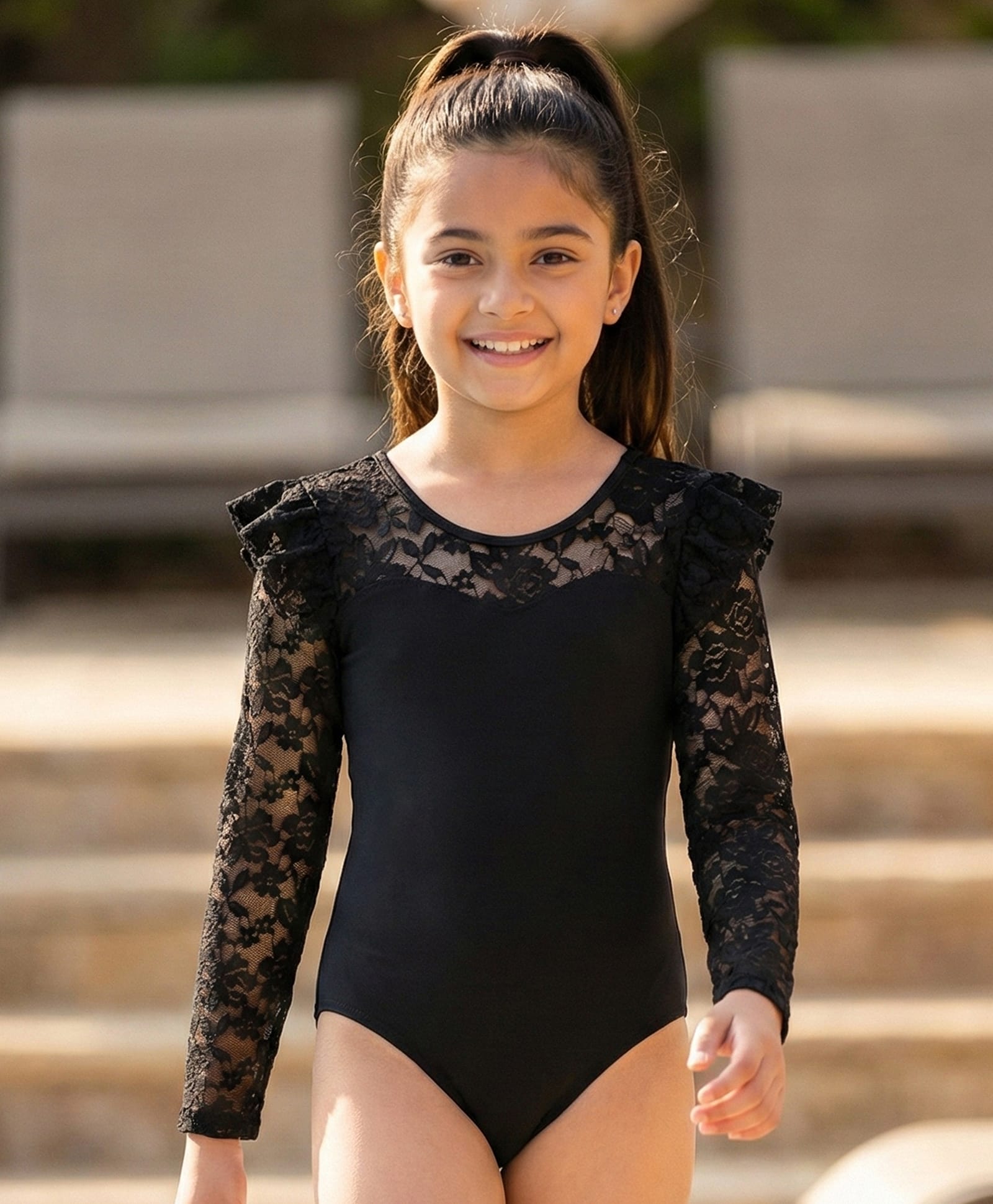 Pine Kids Full Sleeves V Cut Swimsuit With Frill Detailing - Black-picture-7