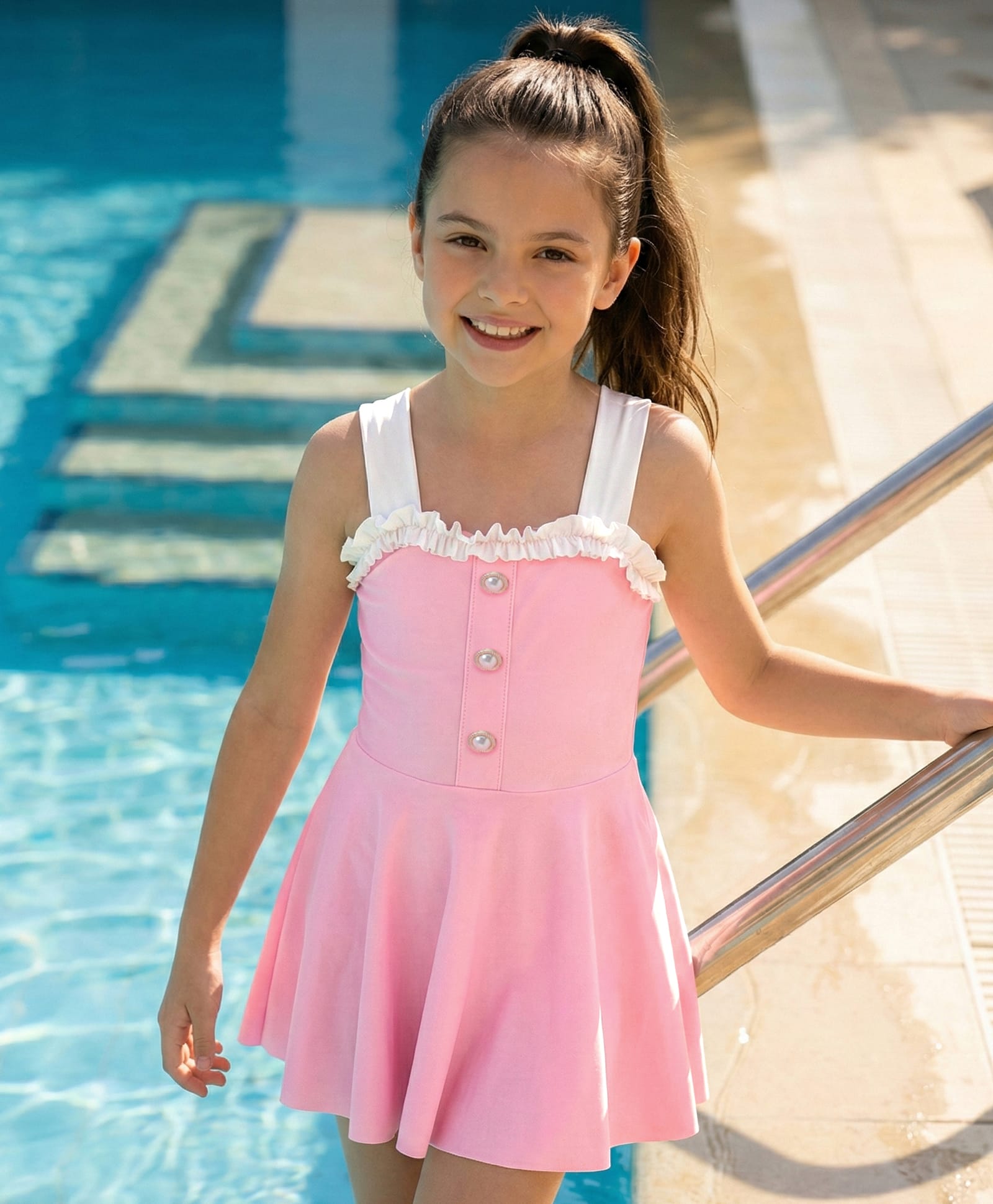 Pine Kids Sleeveless Solid Frock Swimsuit  with Fril Detailing - Pink-image-9