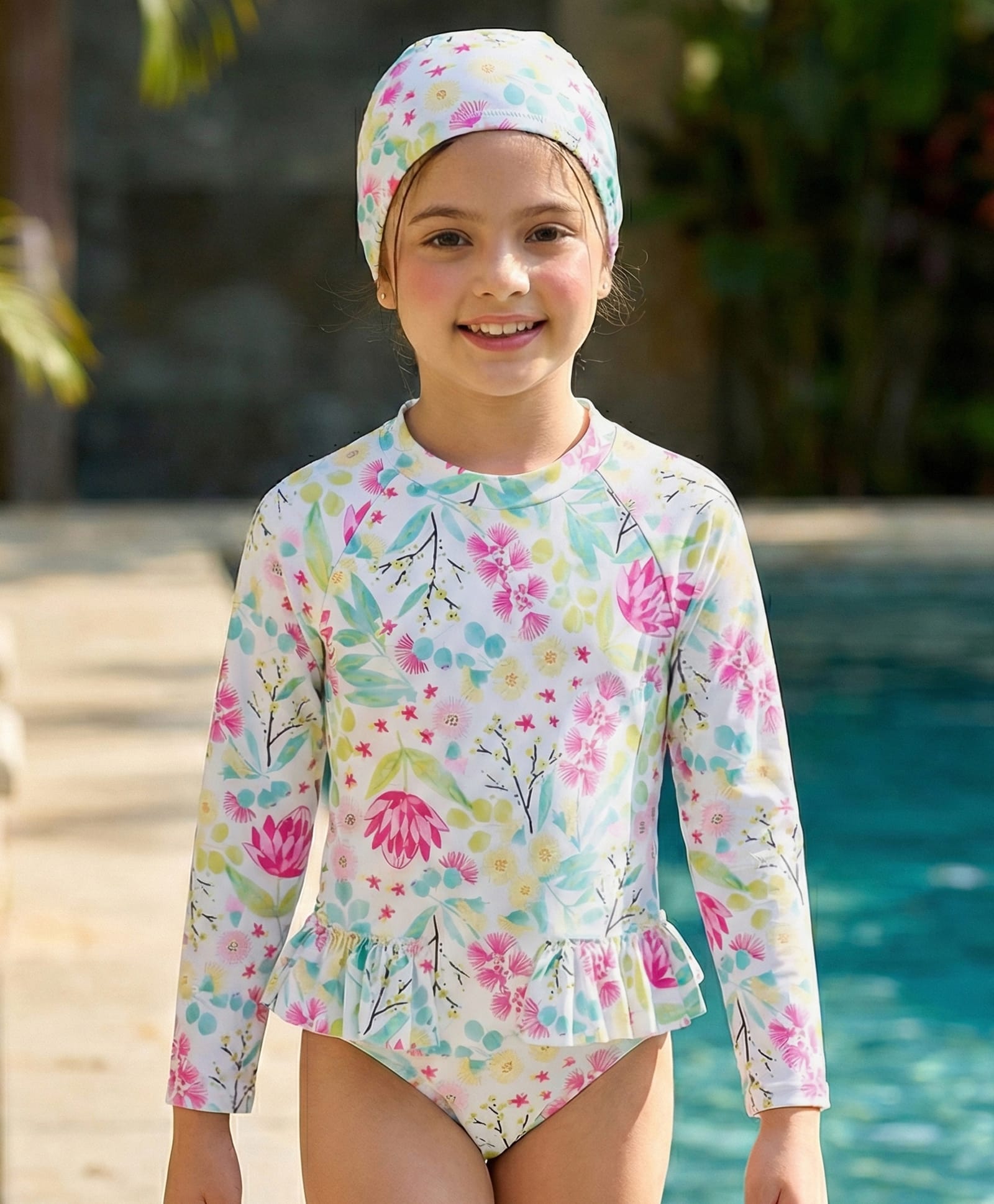 Pine Kids Full Sleeves V Cut Swimsuit with Cap Floral Print -  Multicolor-picture-17