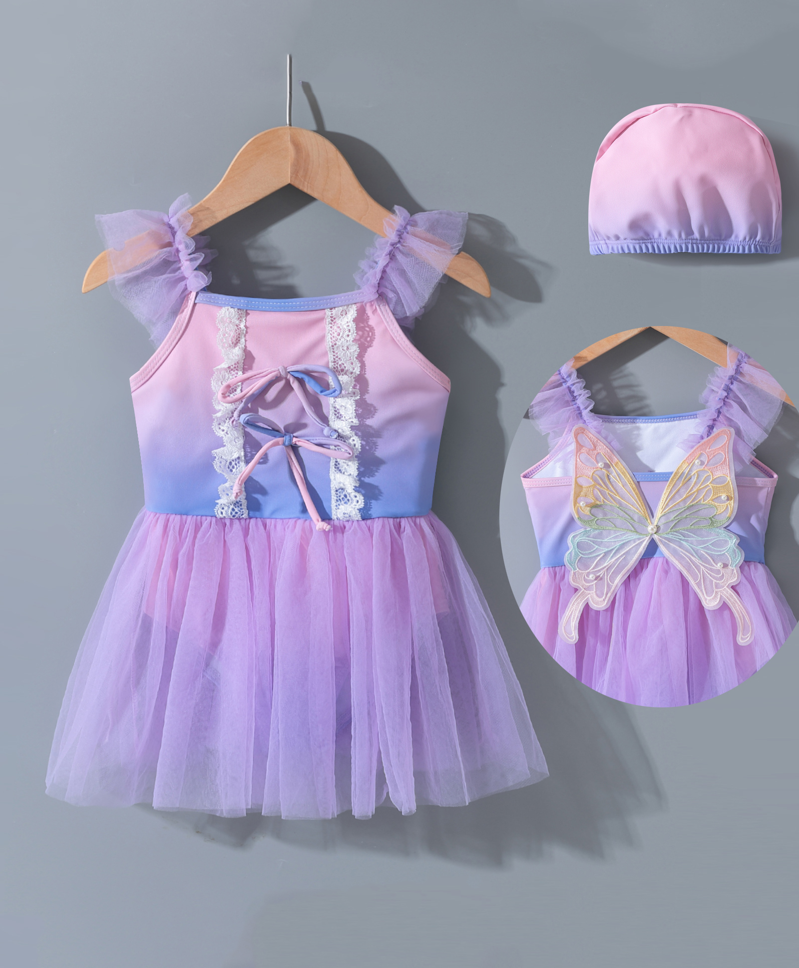 Kookie Kids Frill Sleeves Frock Swimsuit with Butterfly Wings Applique Lace Detailing & Cap -  Purple-picture-35