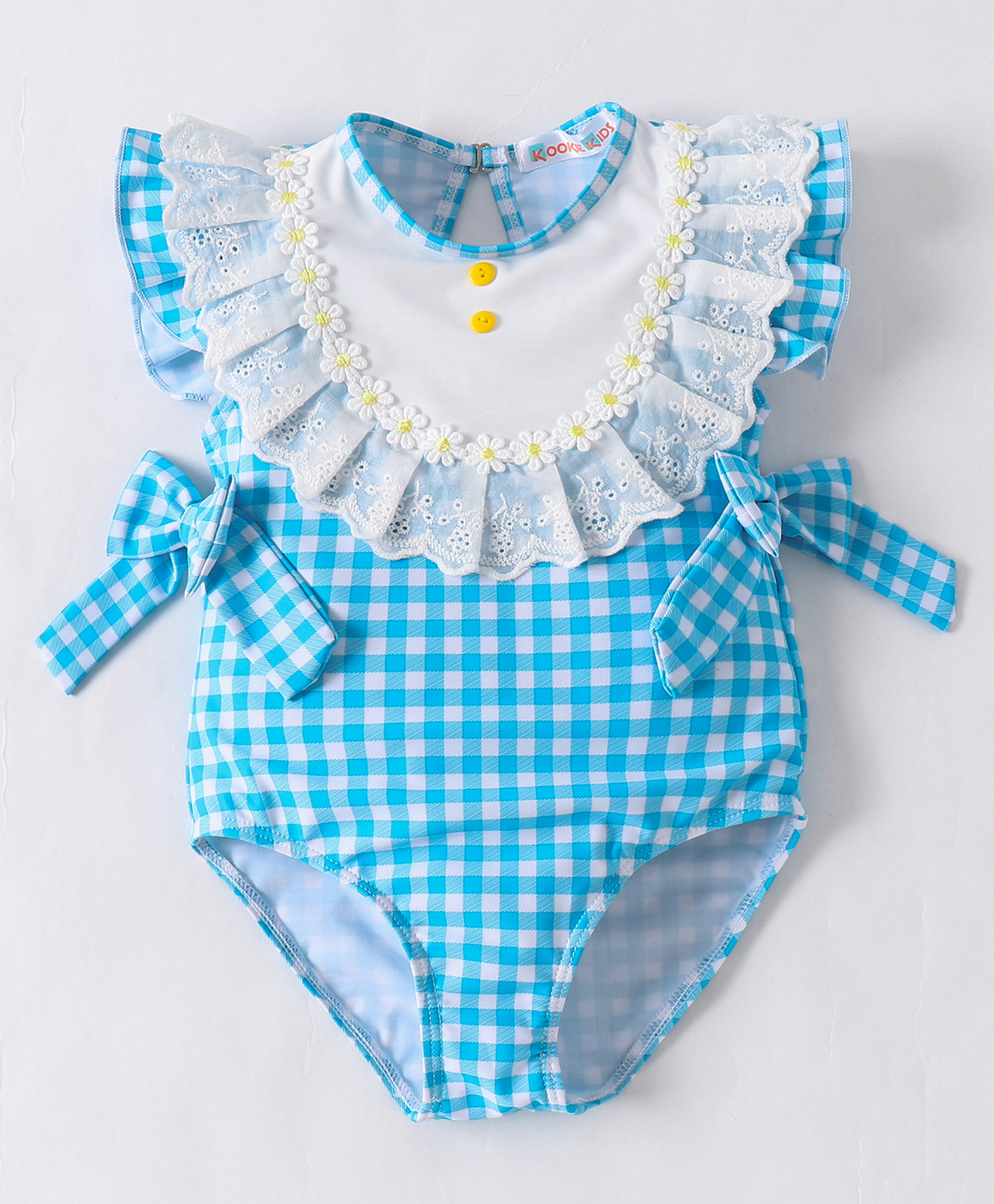 Kookie Kids Frill Sleeves  Checks  V Cut Swimsuit with Floral & Bow Detailing - Blue-image-29