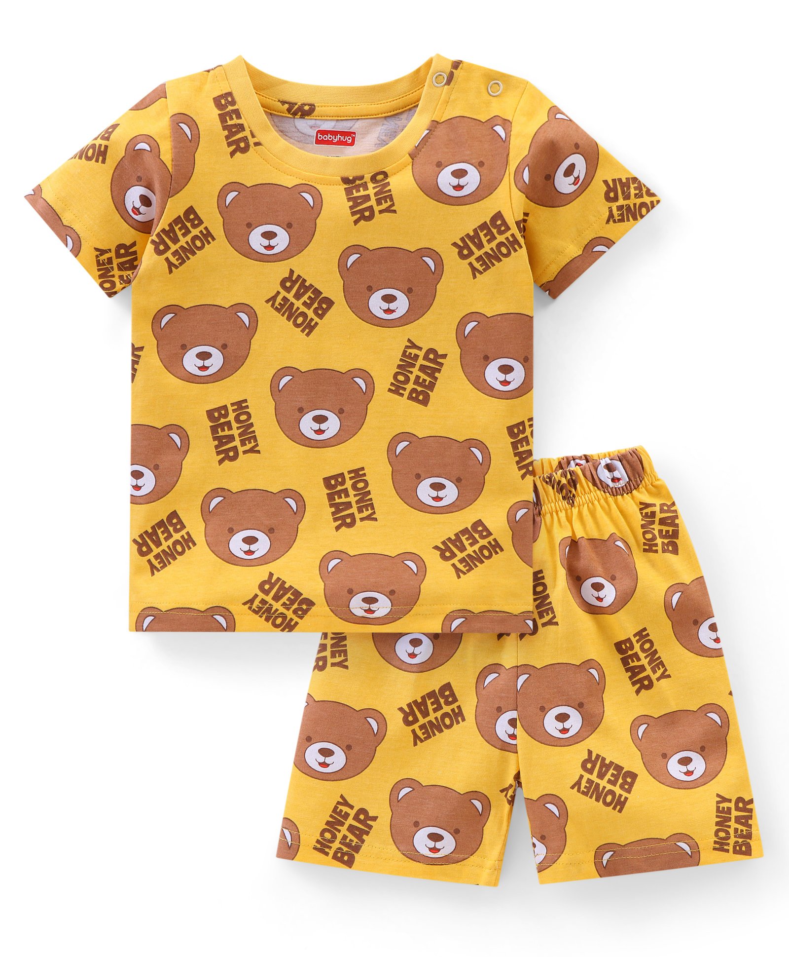 Babyhug Cotton Knit Half Sleeves Teddy Printed Night Suit - Yellow-image-38