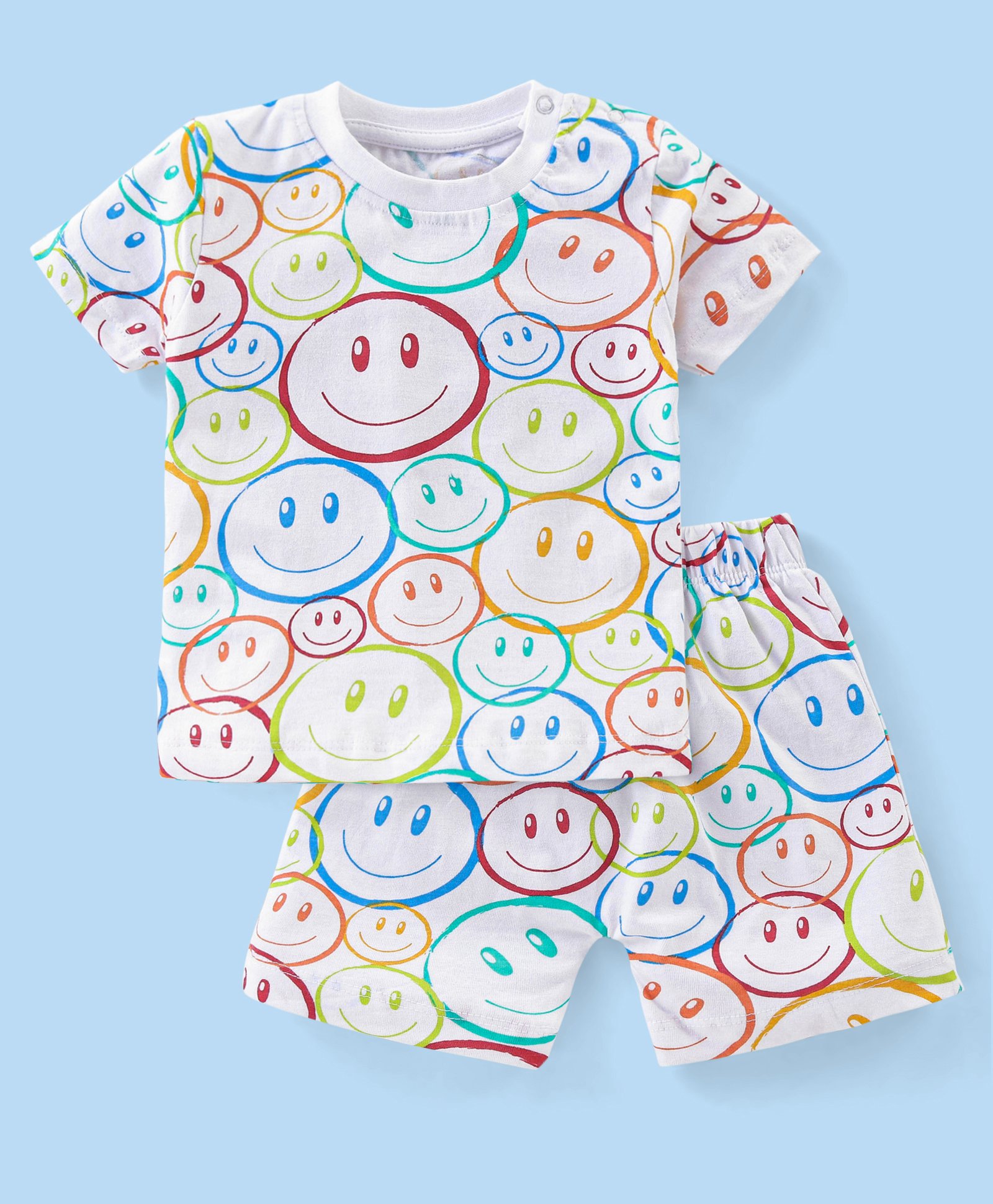 Babyhug Cotton Knit Half Sleeves Night Suit Smiley Print - White-image-10