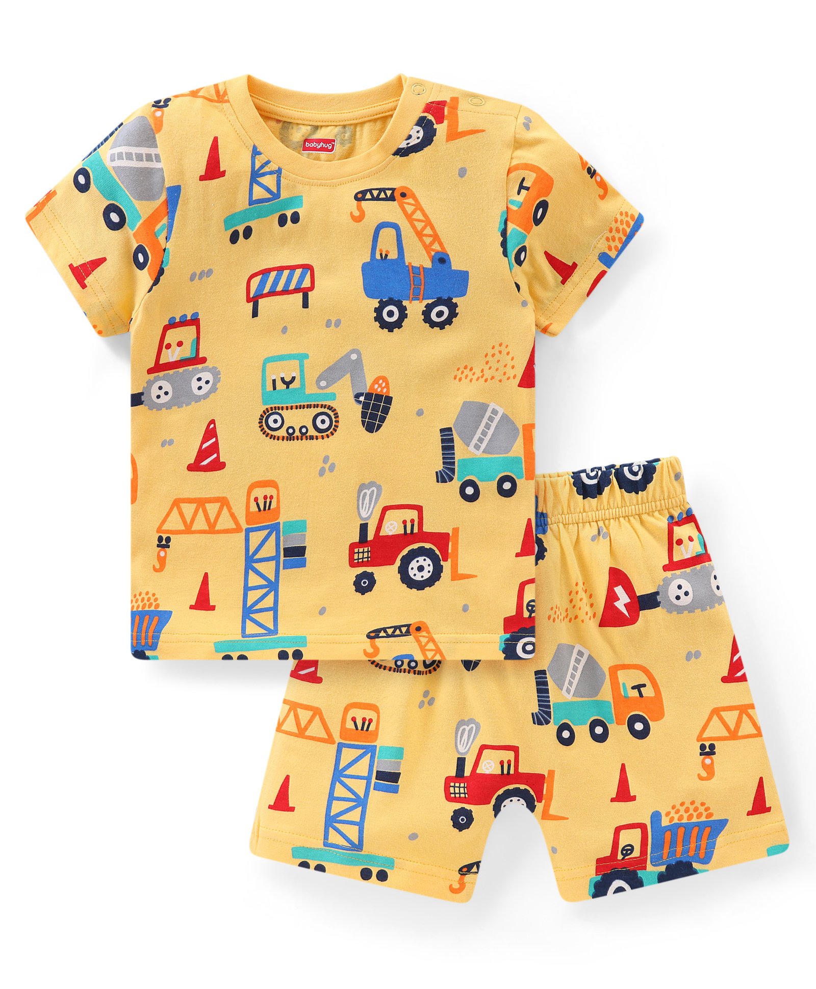 Babyhug Cotton Knit Half Sleeves Vehicles Printed Night Suit - Yellow-image-6
