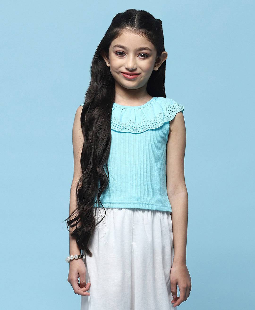 BIBA Sleeveless Schiffli Embroidered Cotton Top - Blue-picture-12