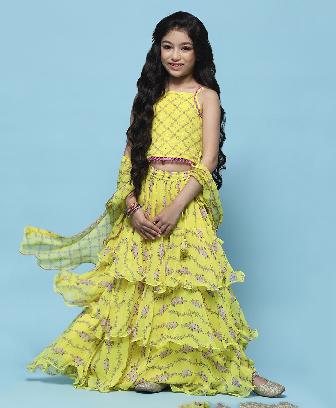 BIBA Sleeveless Mirror Work Detailed & Floral Printed Choli With Coordinating Lehenga & Dupatta - Yellow-picture-17