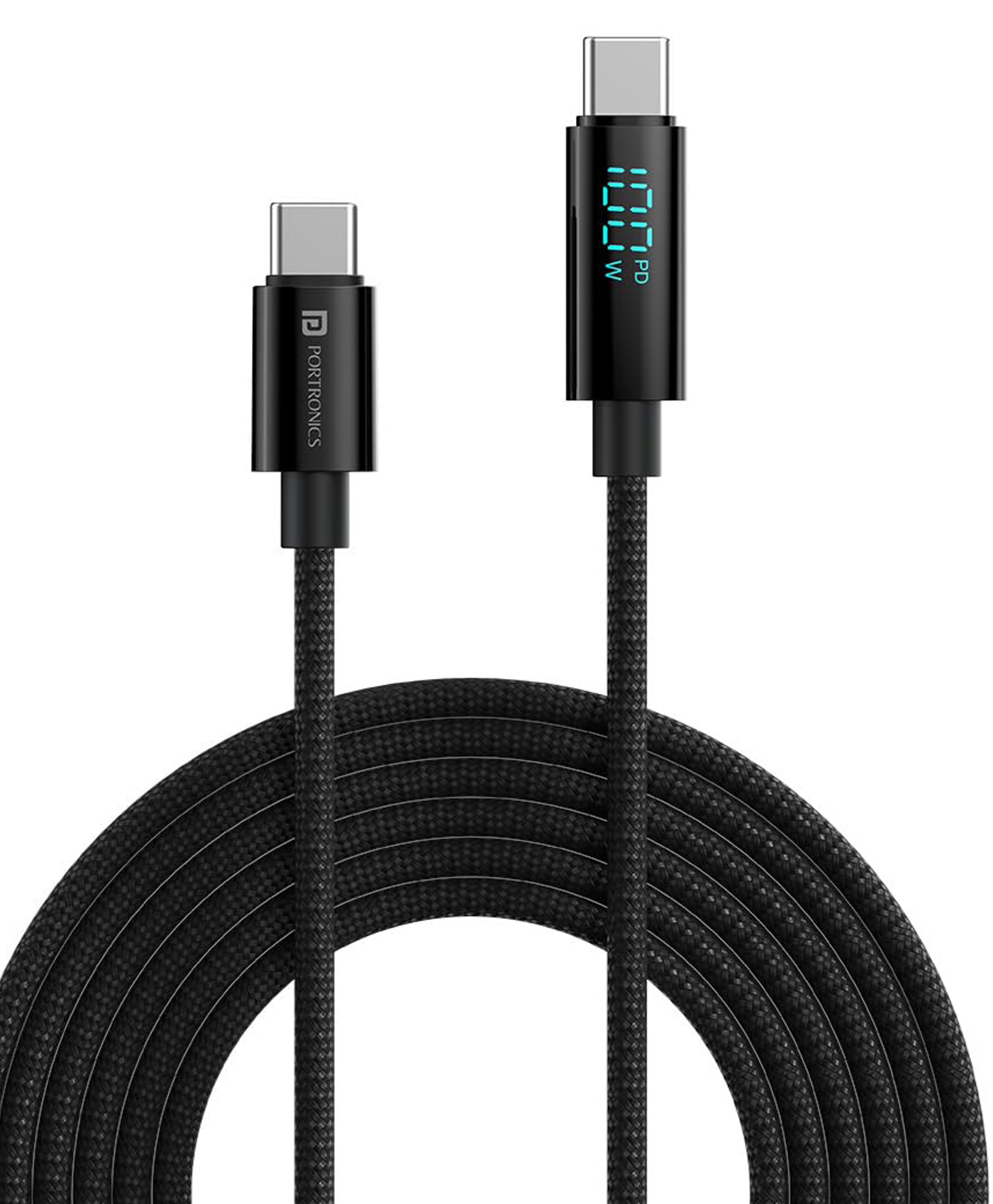 Portronics POR-2210 Konnect View 100W Type C to Type C Cable with LED Display with 5A Max Output Fast Data Sync 2M Length Tangle Resistance supports Laptop Charging-Black-image-5