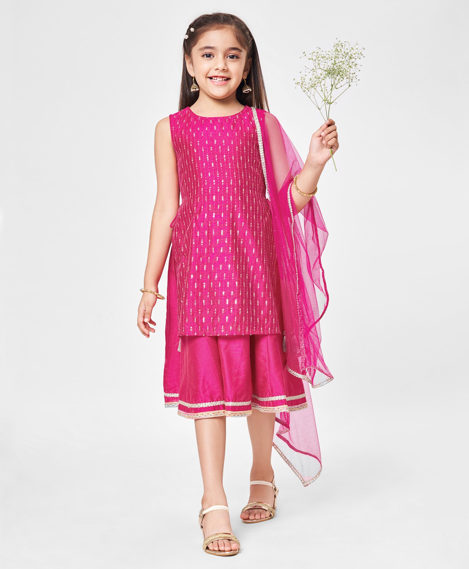 Babyhug Net Sleeveless Embroidered Ethnic Dress with Sequins - Fuschia-image-41