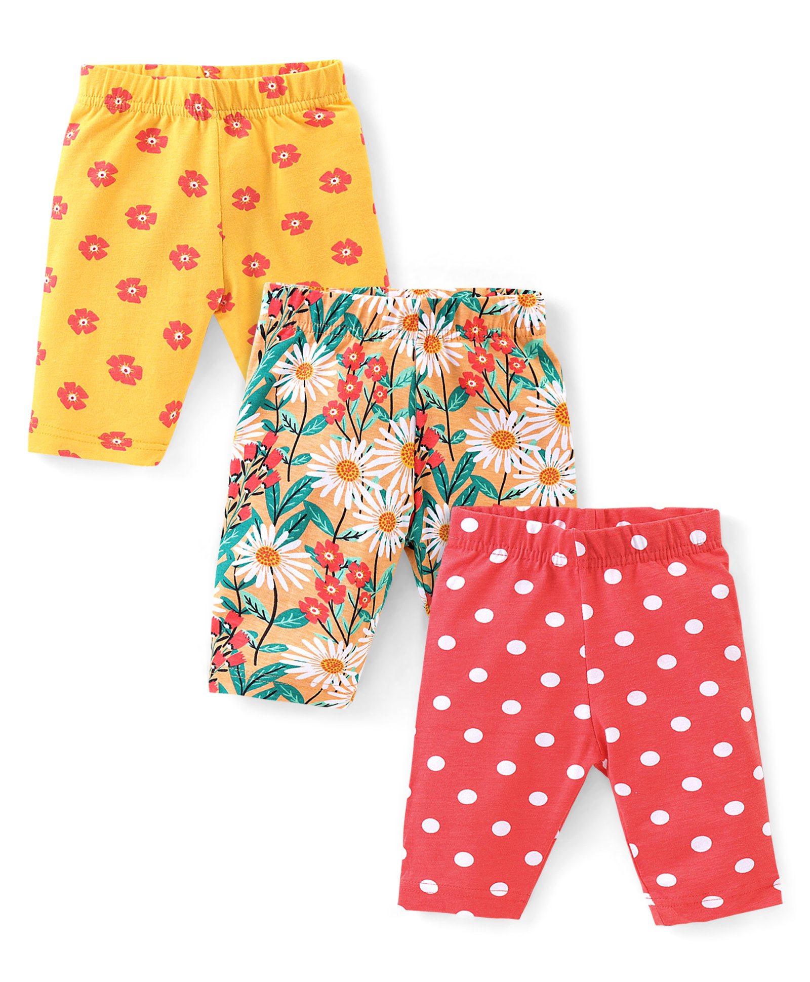 Babyhug Cotton  Lycra Knit Three Fourth Leggings Floral & Polka Dots Print Pack of 3 - Multicolour