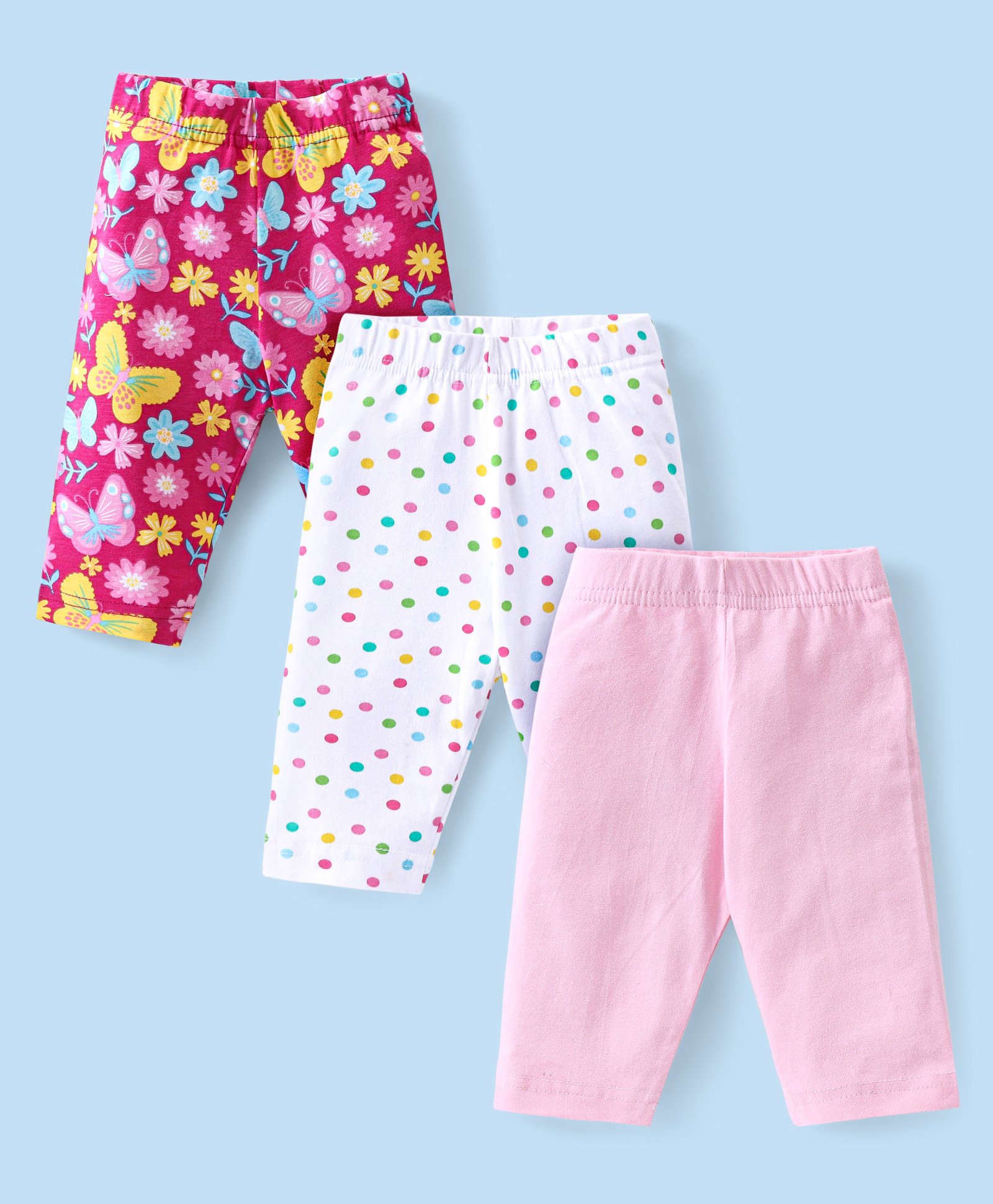 Babyhug Cotton  Lycra Three Fourth Leggings with Butterfly & Polka Dot Print Pack of 3 - Multicolor-picture-11