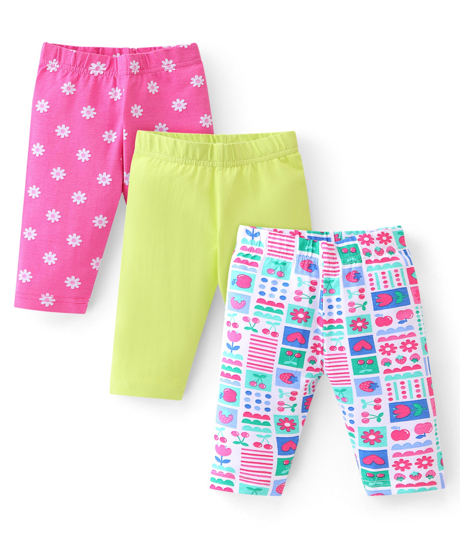 Babyhug Cotton Lycra Knit Three Fourth Legging Solid Color & Floral Print Pack of 3 - Green Pink & Blue-picture-13